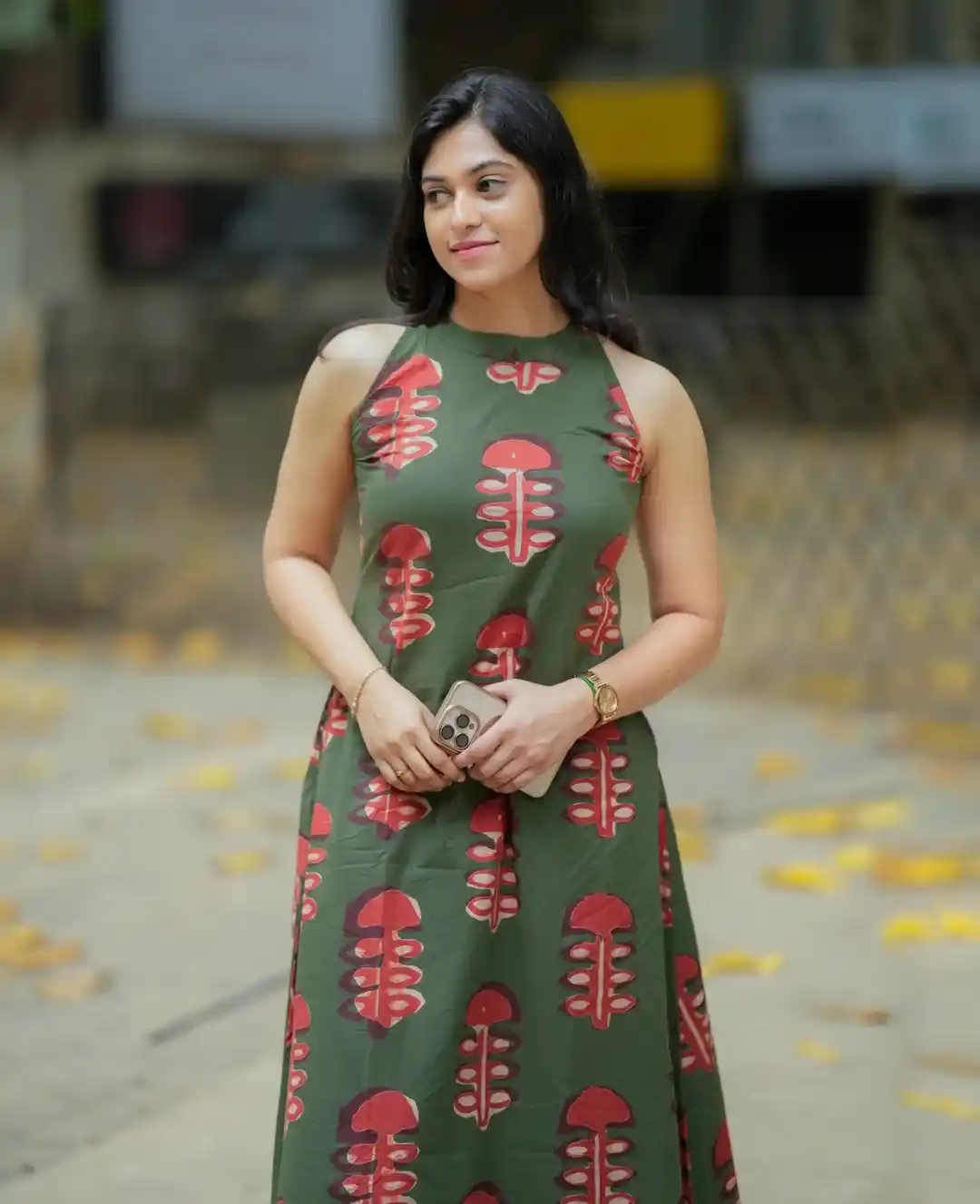 Olive Green Sleeveless Printed A-Line Kurti Dress.png