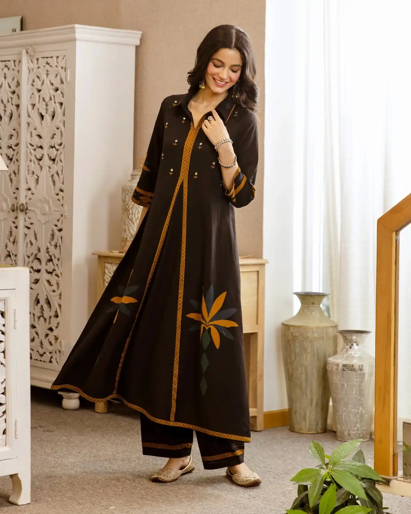 Black Marigold Mirrorwork A Line Cotton Kurta Set.png