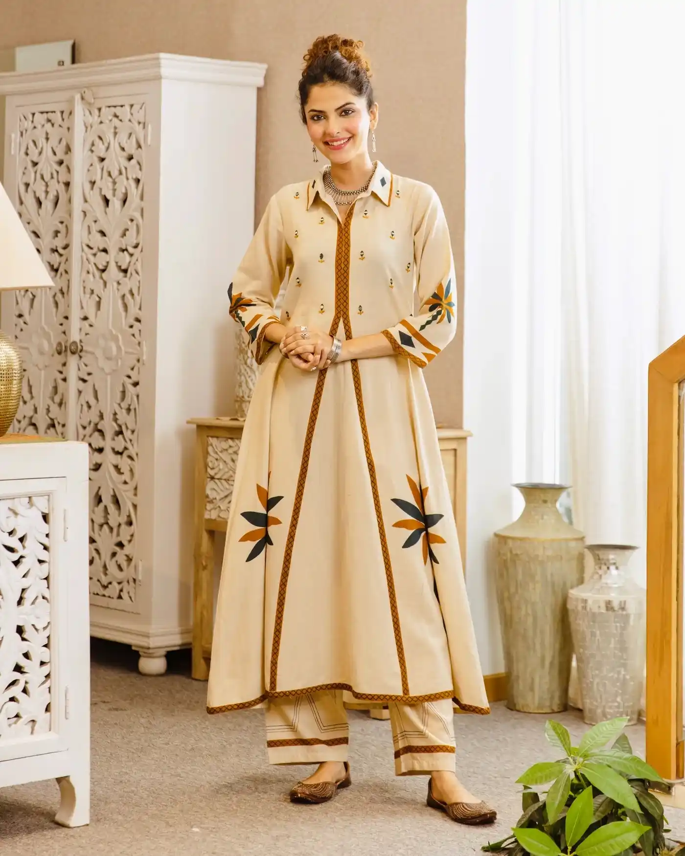 Ivory Bloom Mirrorwork A Line Cotton Kurta Set.png