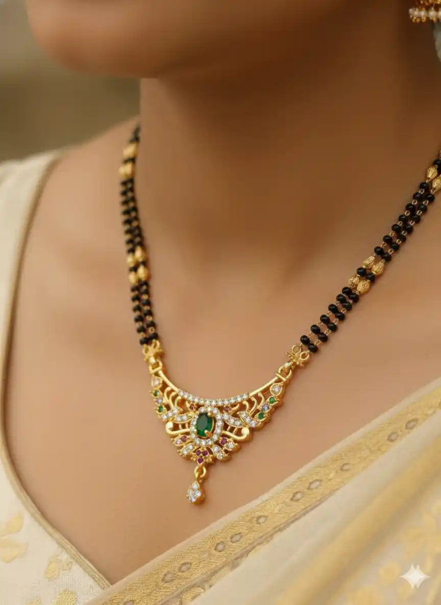 Elegant Gold-Plated Traditional peacock design 24"inches Mangalsutra with Emerald & CZ Stones.png