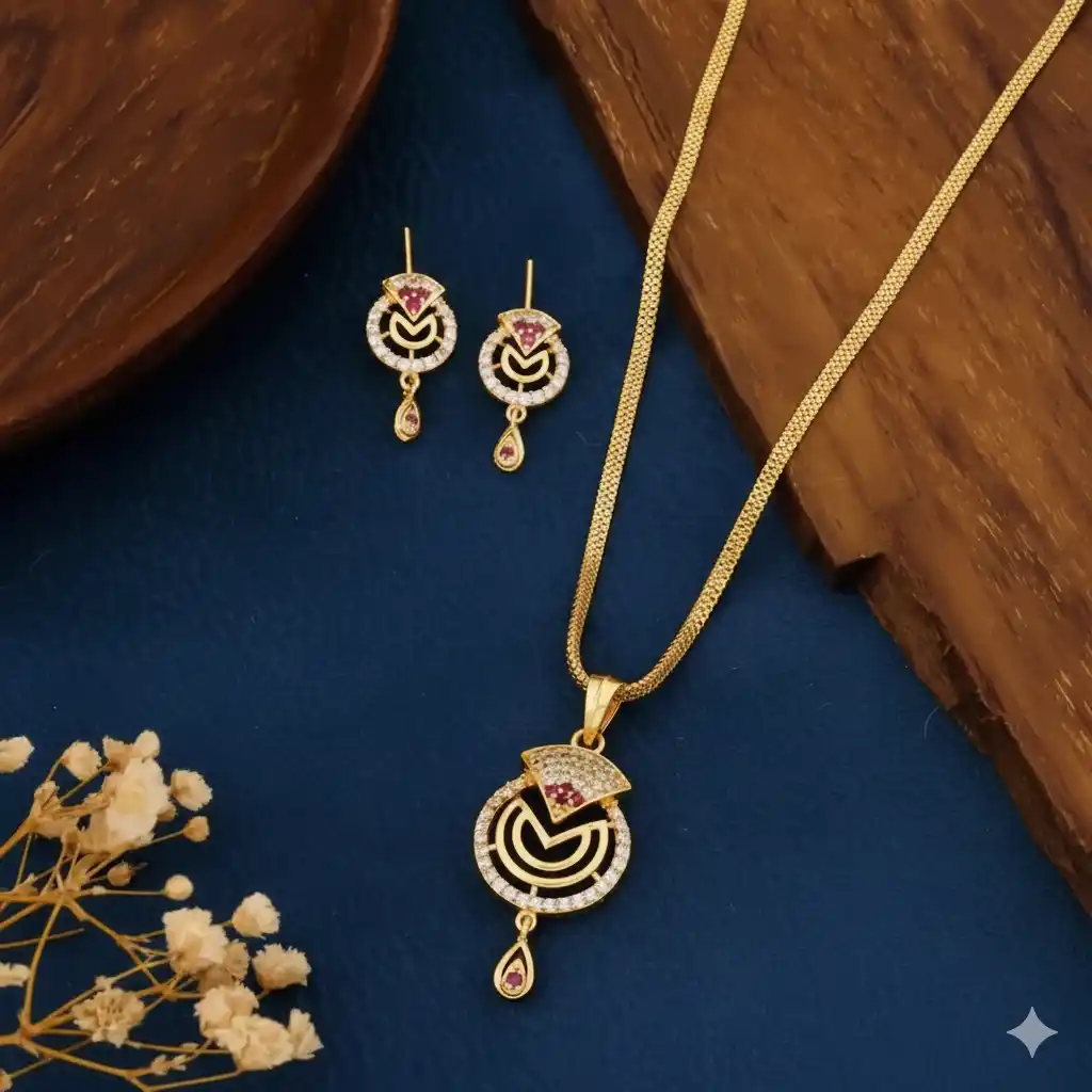 Gold-Plated Ruby & CZ Studded Pendant Set with Chain.png