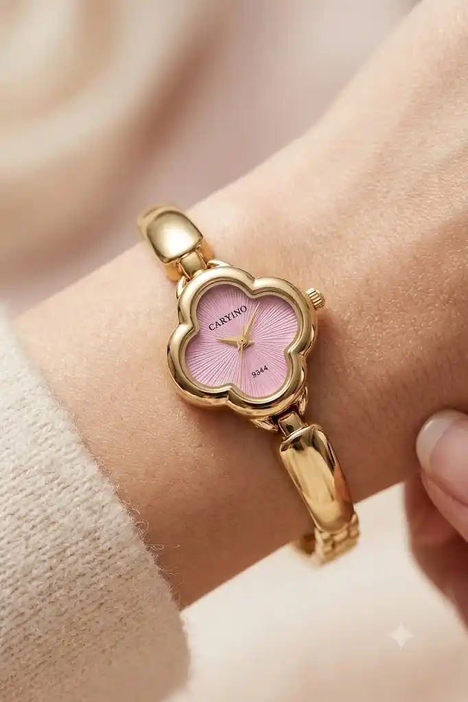Elegant Pink Clover Dial Gold-Tone Analog Watch for Women.png