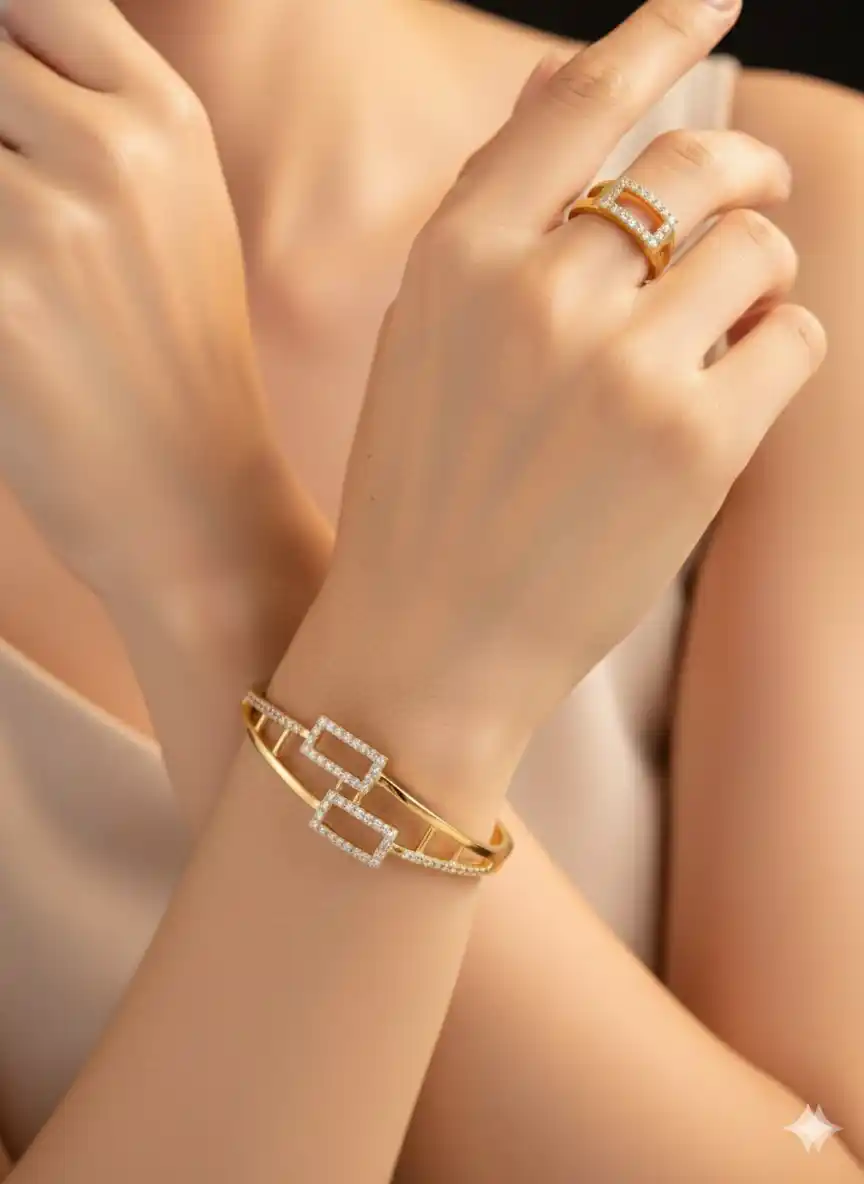 micro gold plated ad diamond studded fancy adjustable bracelet with adjustable ring .png