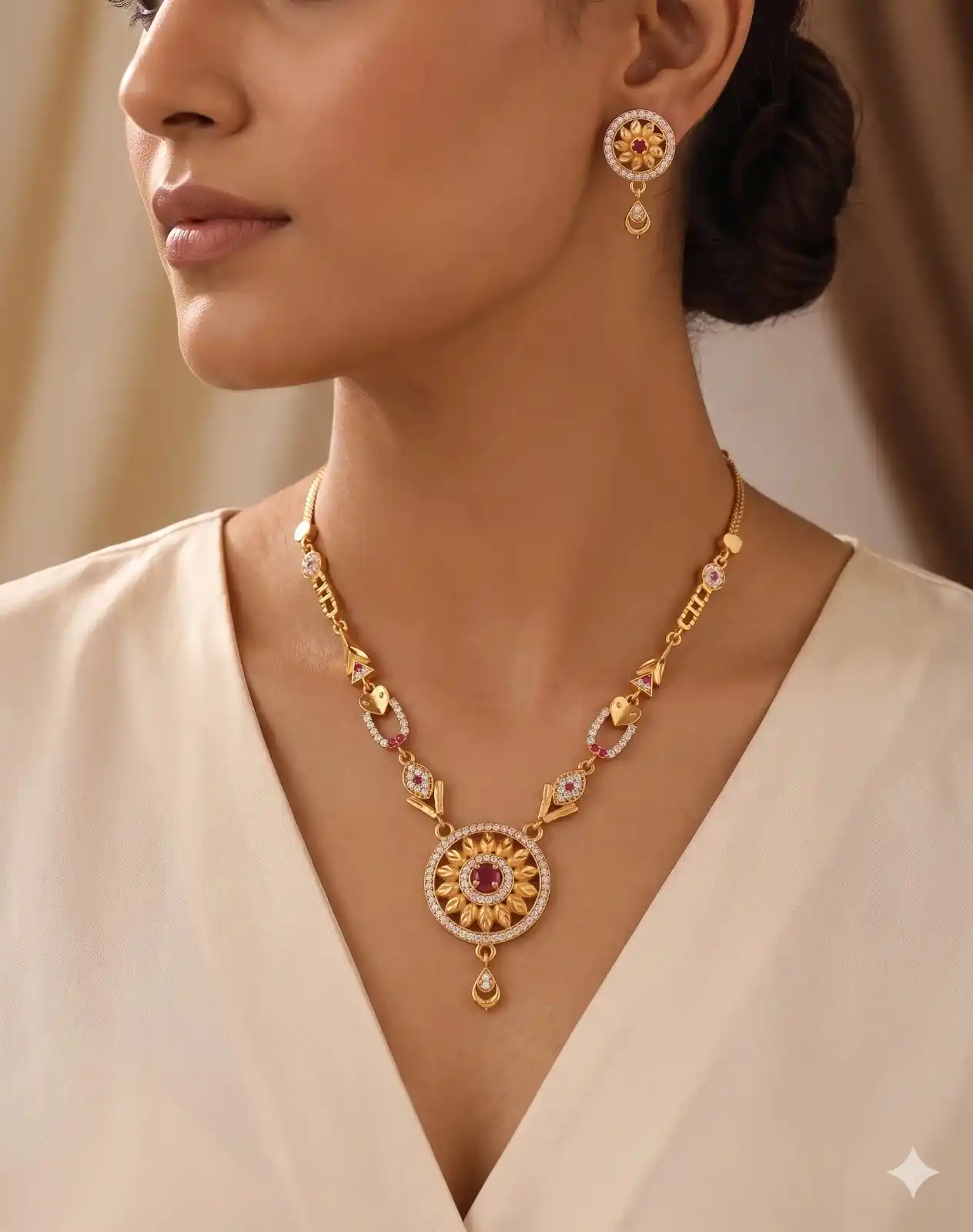 Gold-Plated Floral Pendant Necklace Set with CZ Stones & Matching Earrings.png