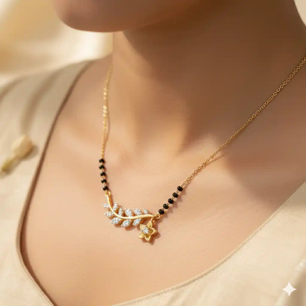 Elegant Leaf & Flower AD Diamond Mangalsutra | Gold Plated Minimal Black Beads Mangalsutra Necklace.png