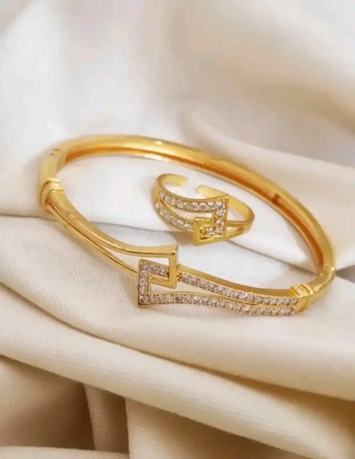 Stylish Gold Plated Bracelet & Adjustable Ring with Sparkling AD Diamonds.png