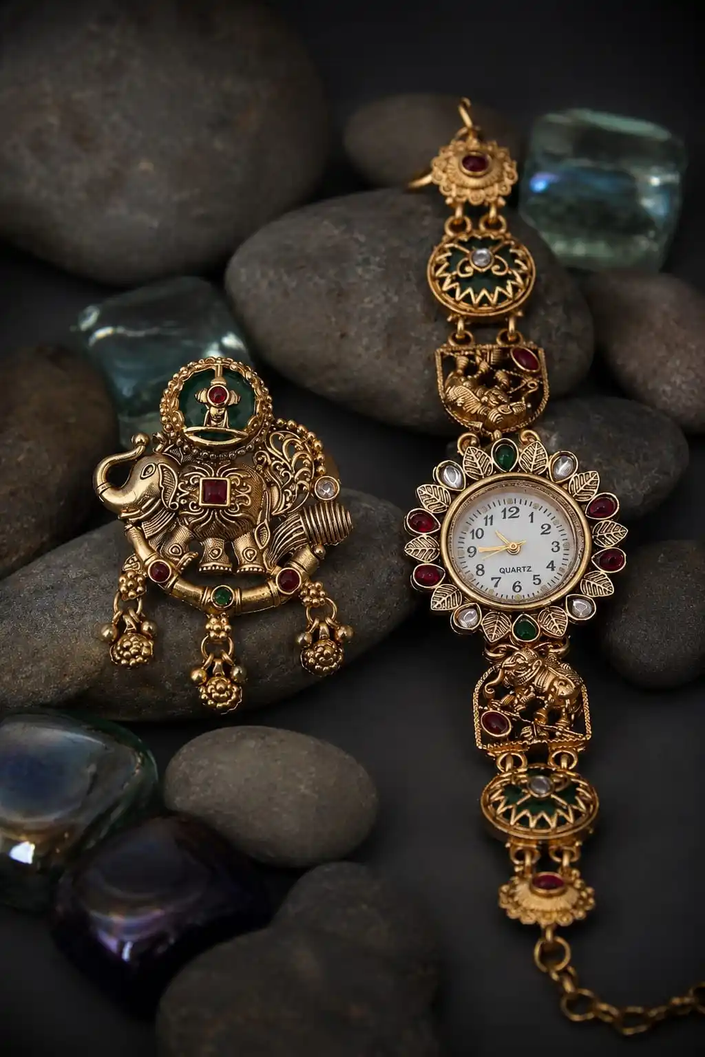 Royal Heritage Elephant Dial Bracelet Watch & Ethnic Elephant Brooch Combo.png