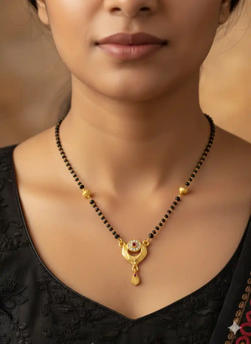 Elegant Gold-Finish Floral Mangalsutra with Ruby Accent Pendant(18 inches).png