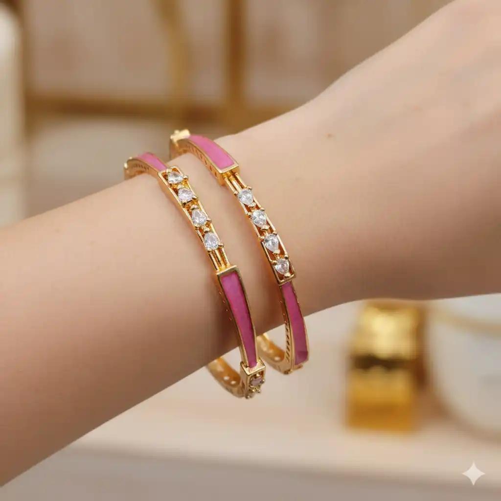 Elegant Pink Enamel Gold Bangles with Diamond-Style Stones (Pair).png