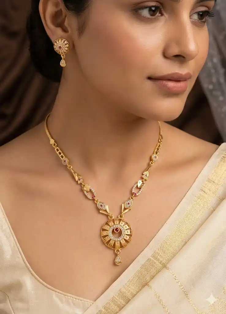 Gold-Plated Sunburst Pendant Necklace Set with CZ Stones & Matching Earrings.png