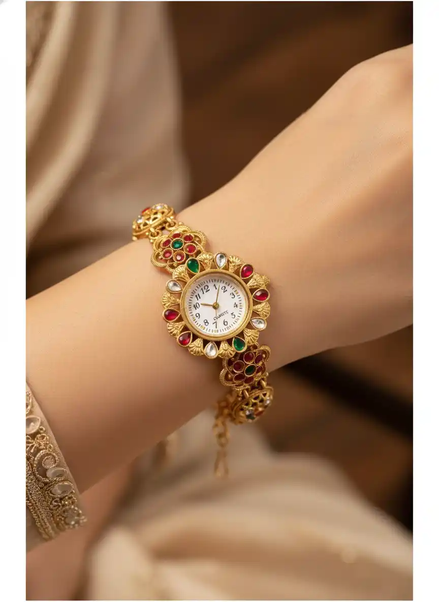 Royal Navratna Antique Gold Floral Bracelet Watch.png