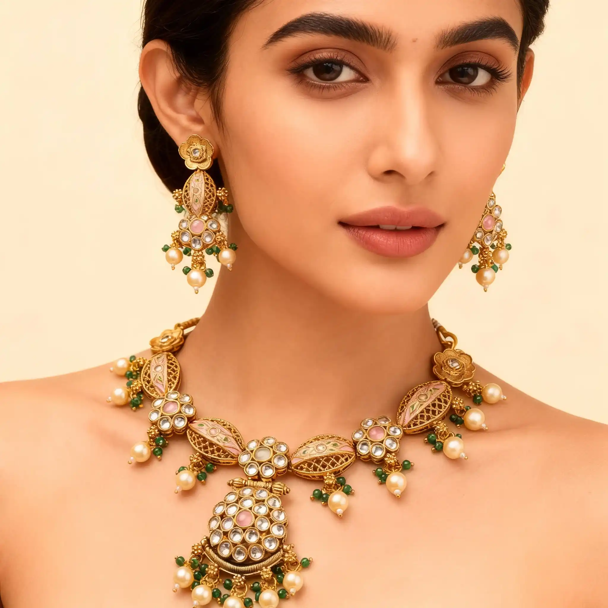 Micro Gold Plated Kundan Pearl & Green Beads Traditional Necklace Set.png