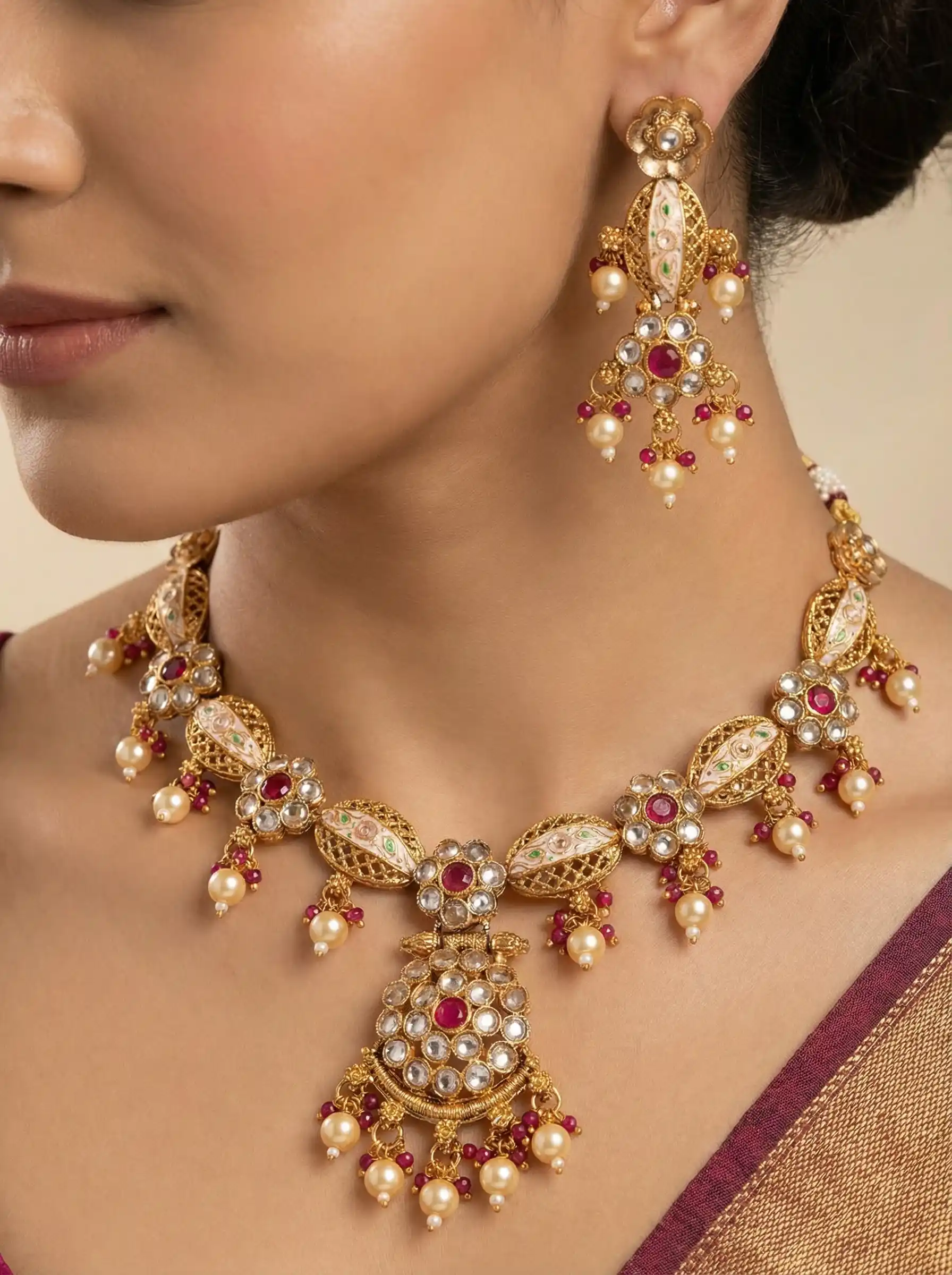Micro Gold Plated Kundan Ruby Pearl Bridal Necklace Set.png
