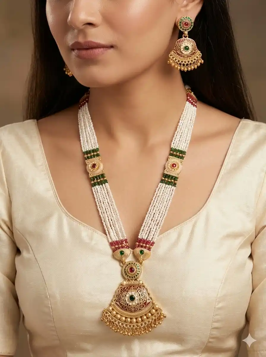 Micro Gold Plated Pearl Long Necklace Set with Temple Pendant & Jhumka Earrings.png