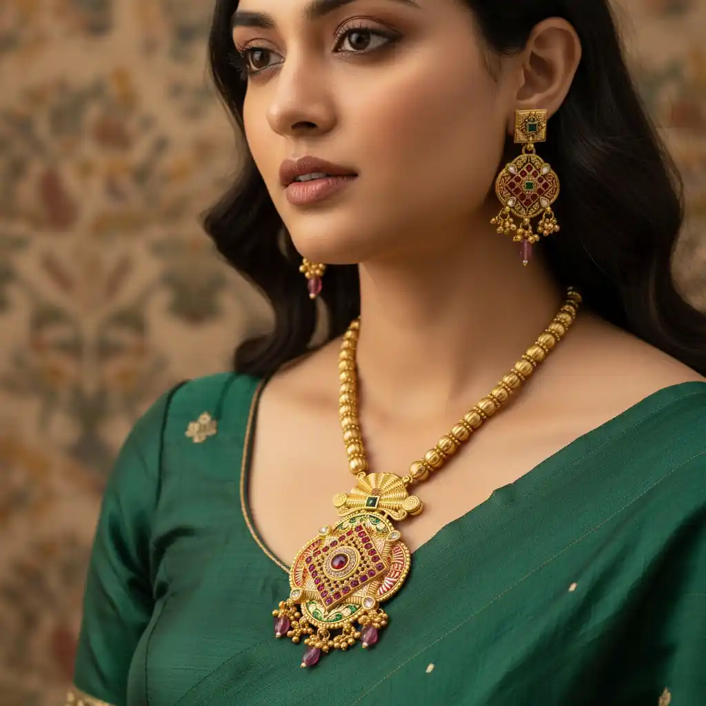Micro Gold Plated square Pendant Long Necklace Set with Matching Earrings.png