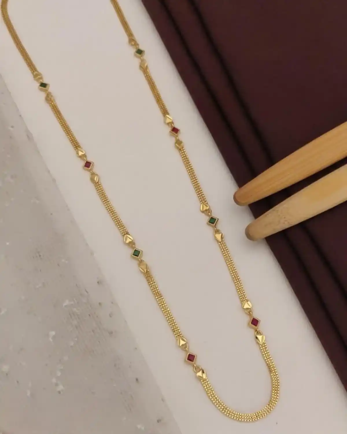 Micro Gold Plated Ruby & Emerald Stone Designer Mesh Long Chain.png