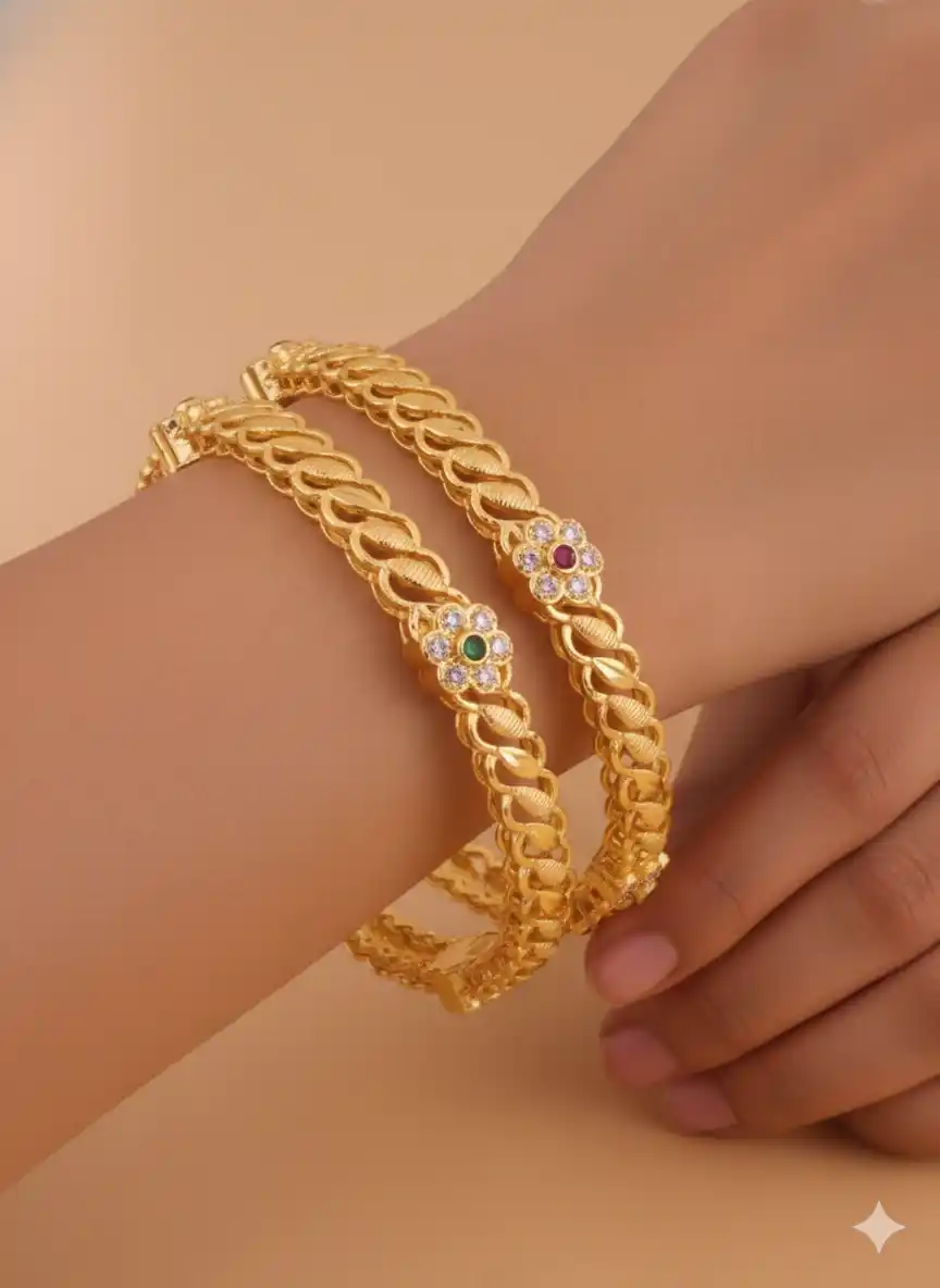 Royal Bloom Gold Bangles – Elegant Floral Charm with Gemstone Accents.png
