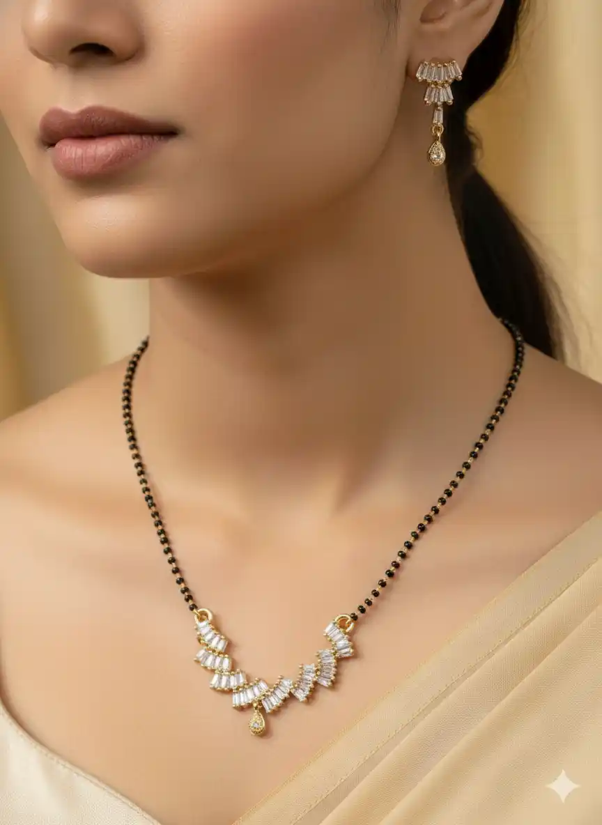 Premium Curved AD Diamond Mangalsutra with Matching Earrings | Elegant Gold Plated Black Beads Mangalsutra Set.png