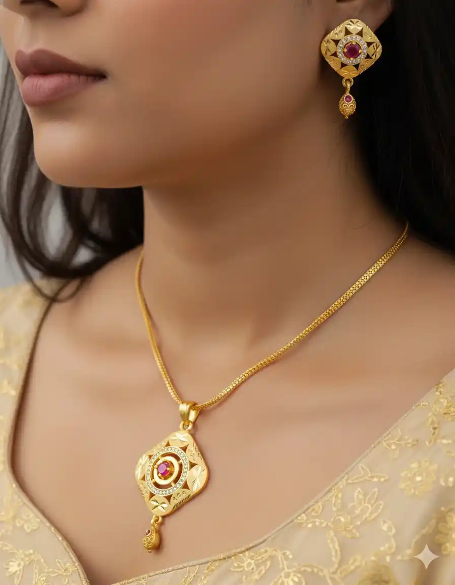 Gold-Plated Ruby-Studded Square Designer Pendant Set for Women.png