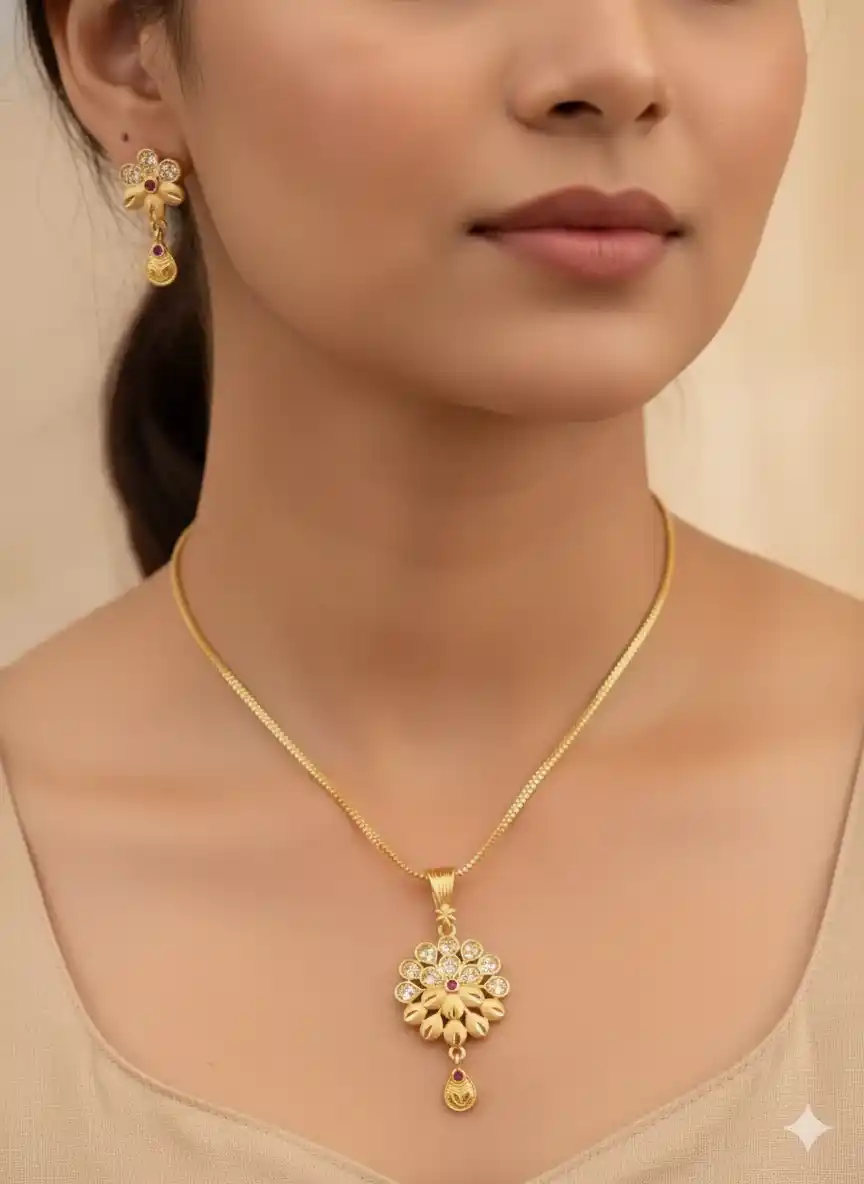 Gold-Plated Cubic Zirconia-Studded fancy flower pendent Set.png