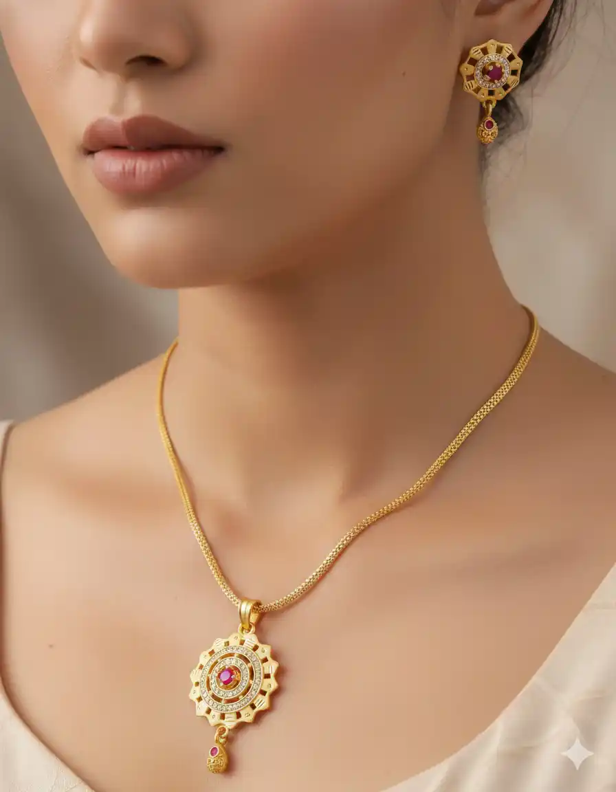 Gold Plated Ruby and Diamond Studded Fancy Flower Pendent Set.png