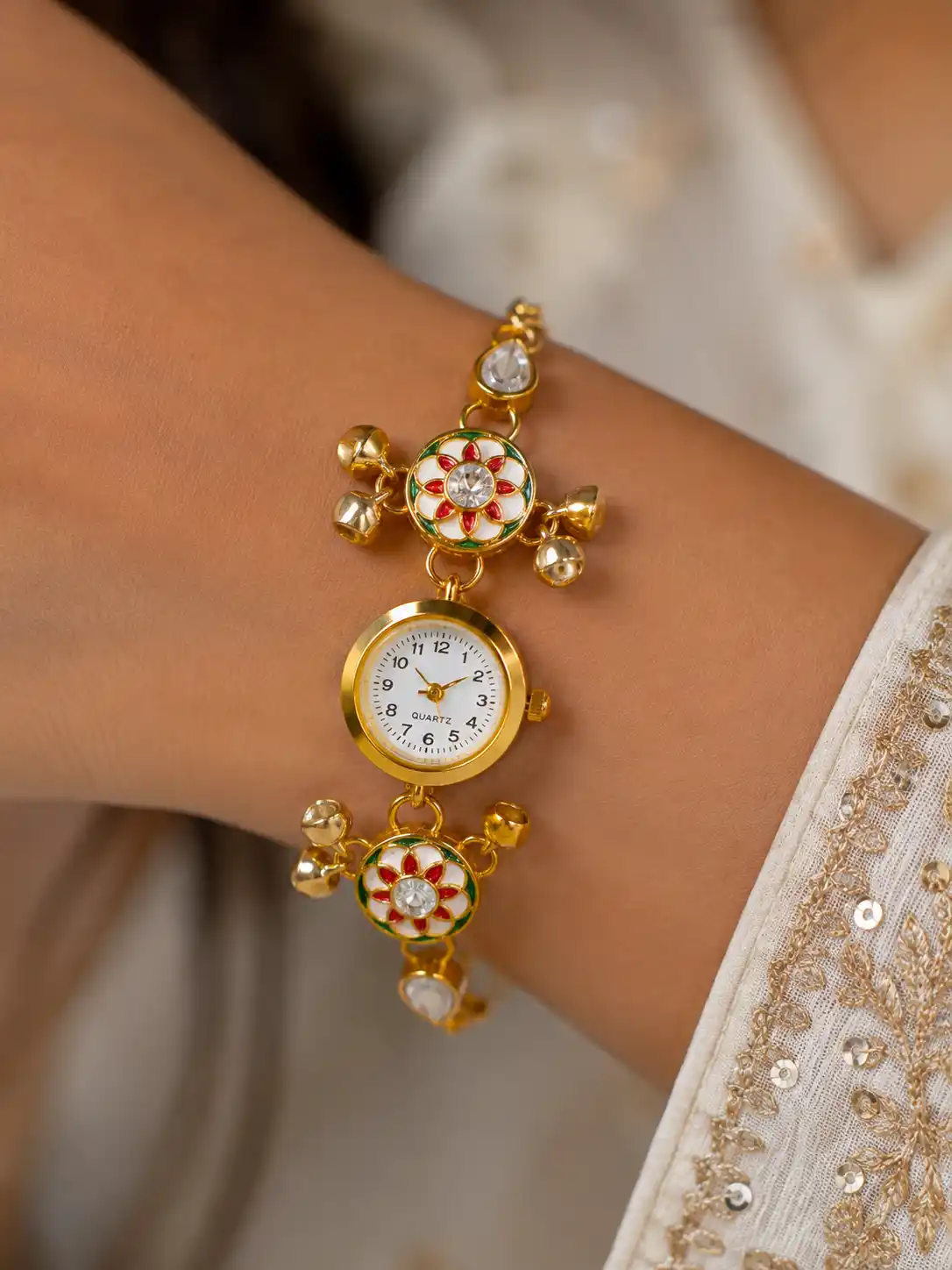 Gold Plated Floral Charm Analog Bracelet Watch for Women.png