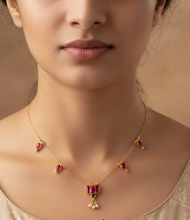 Elegant Gold-Plated Ruby Pink Stone Necklace with Pearl Drop Pendant.png