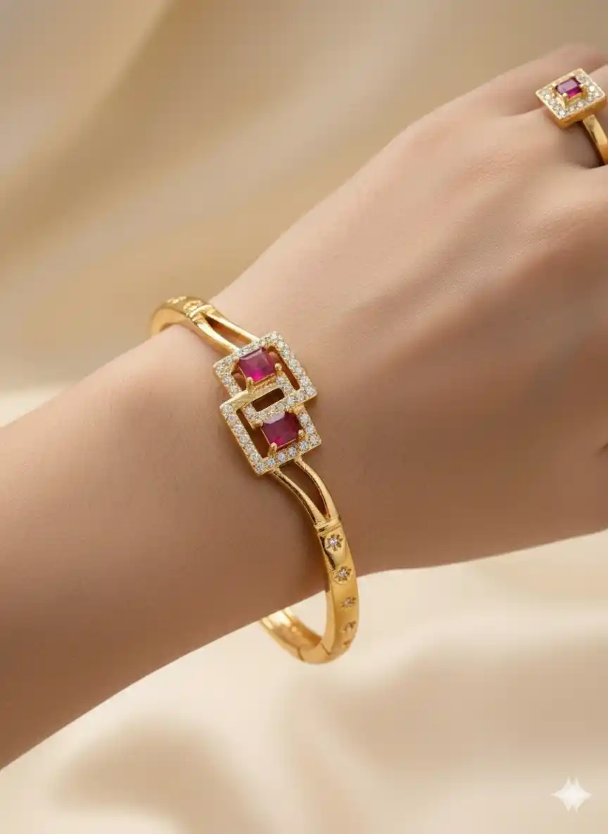 micro gold plated ad diamond studed fancy square bracelet with adjustable ring .png