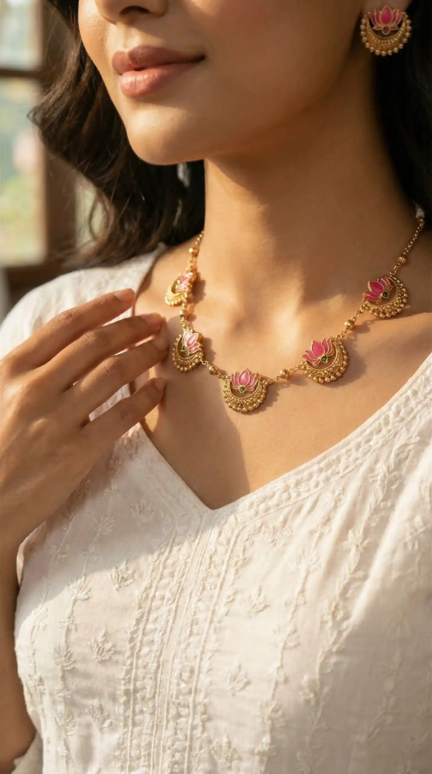 High Gold Plated Meena Work Pink Lotus Necklace with Earrings for Women.png
