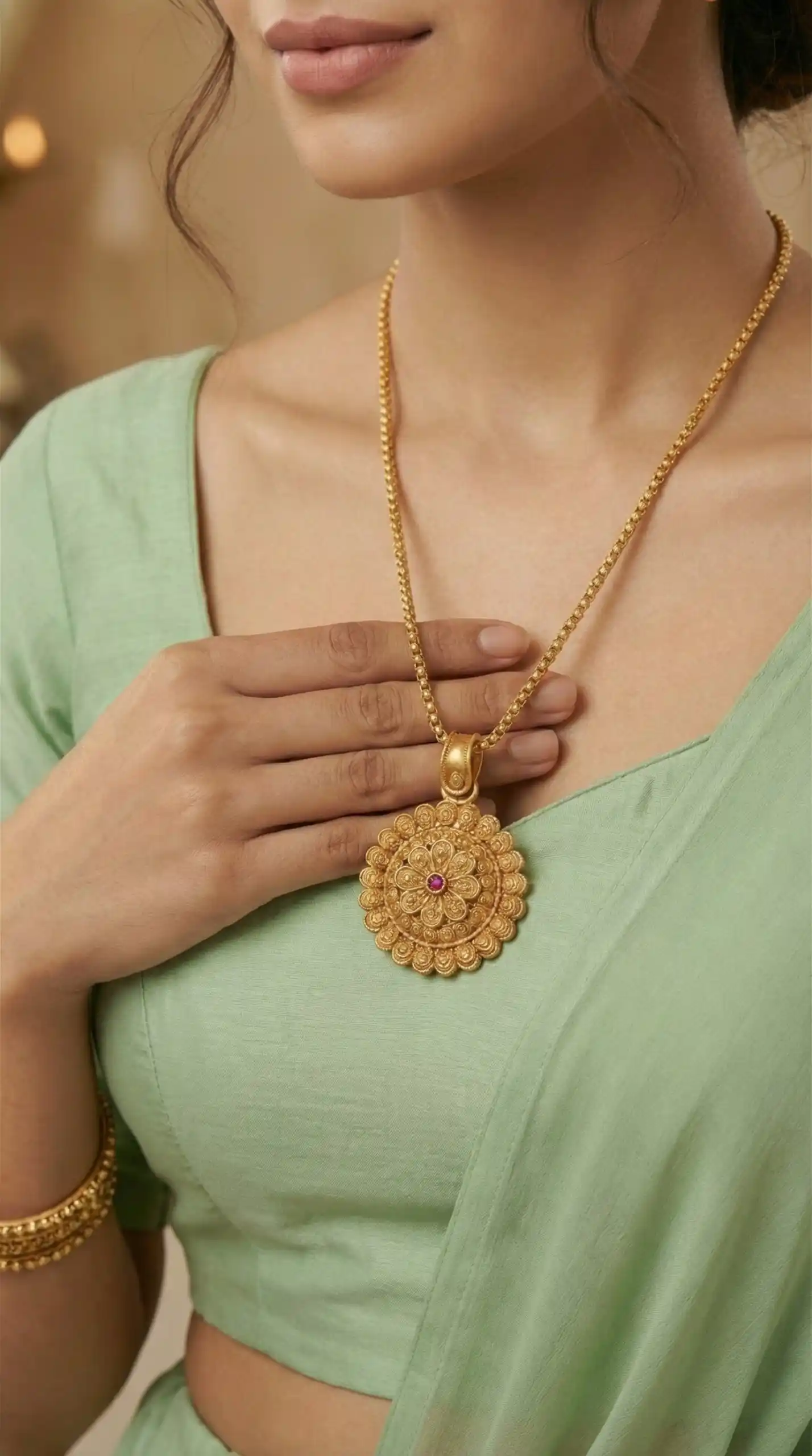 Micro Gold Plated AD Diamond Studded Fancy Oval Pendant Set with Chain.png