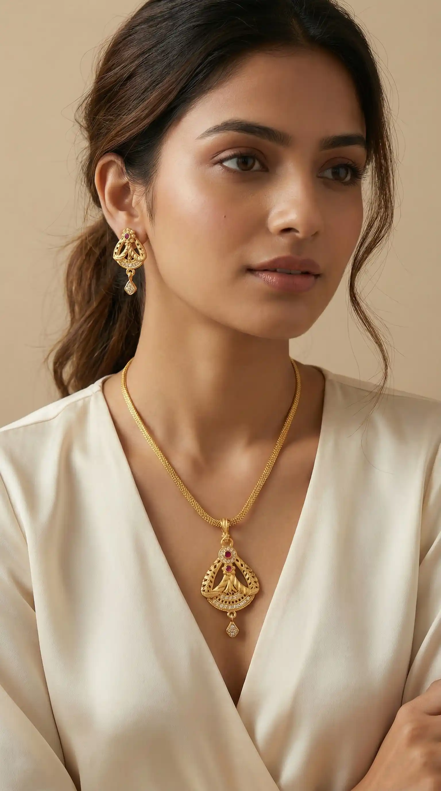 Micro Gold Plated AD Diamond Studded Fancy Oval Pendant Set with Chain.png