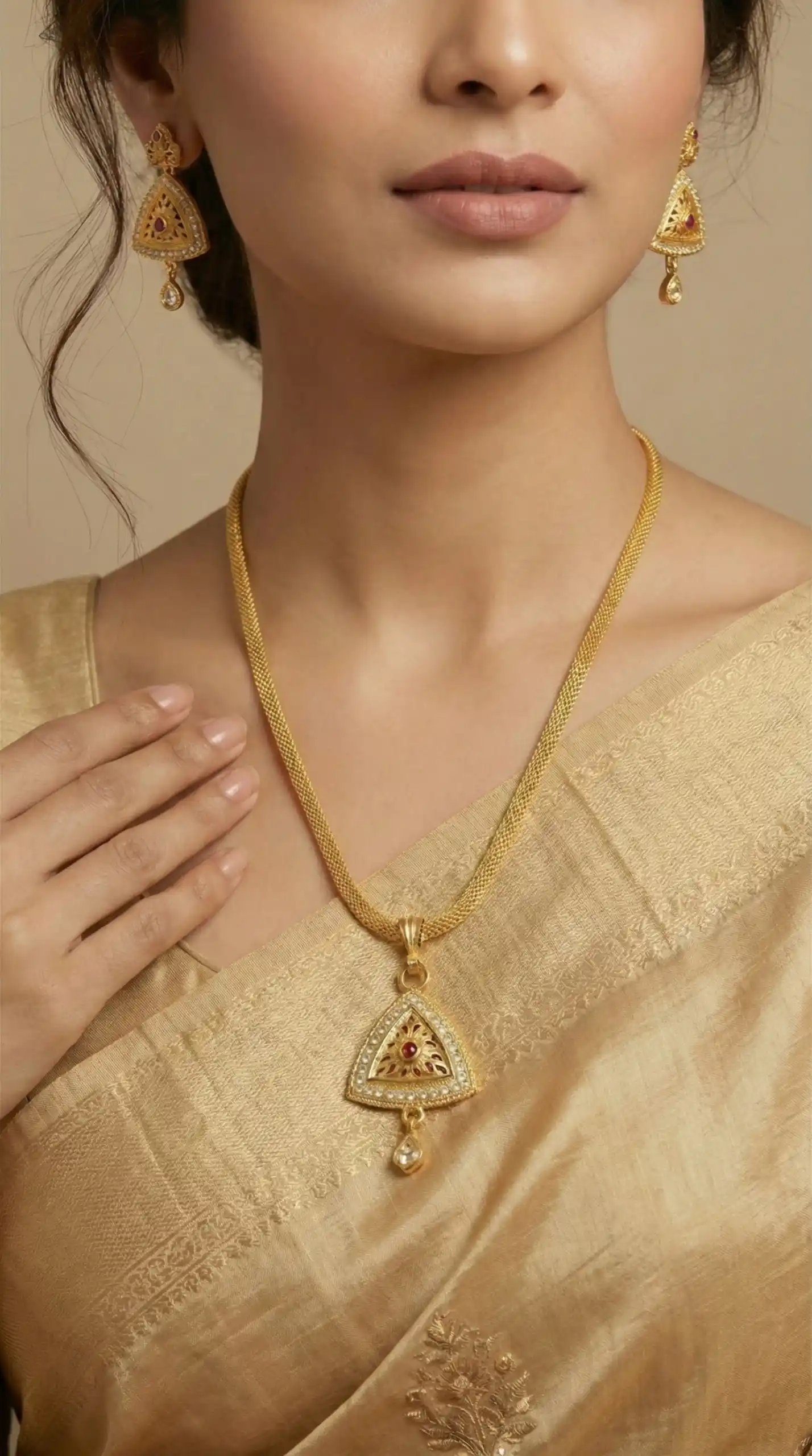 Micro Gold Plated AD Diamond Studded Fancy Oval Pendant Set with Chain.png