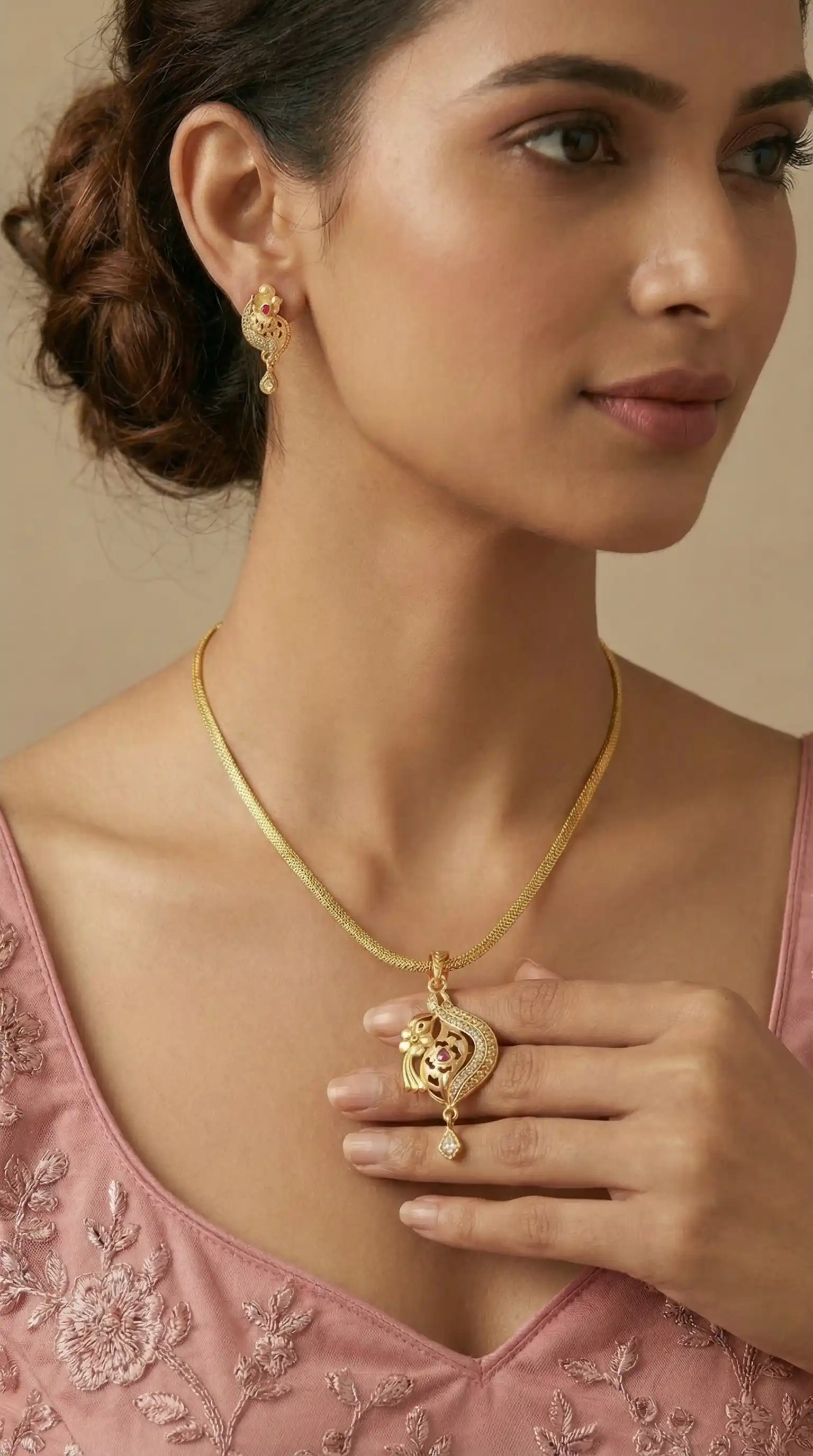 Micro Gold Plated AD Diamond Studded Fancy Oval Pendant Set with Chain.png