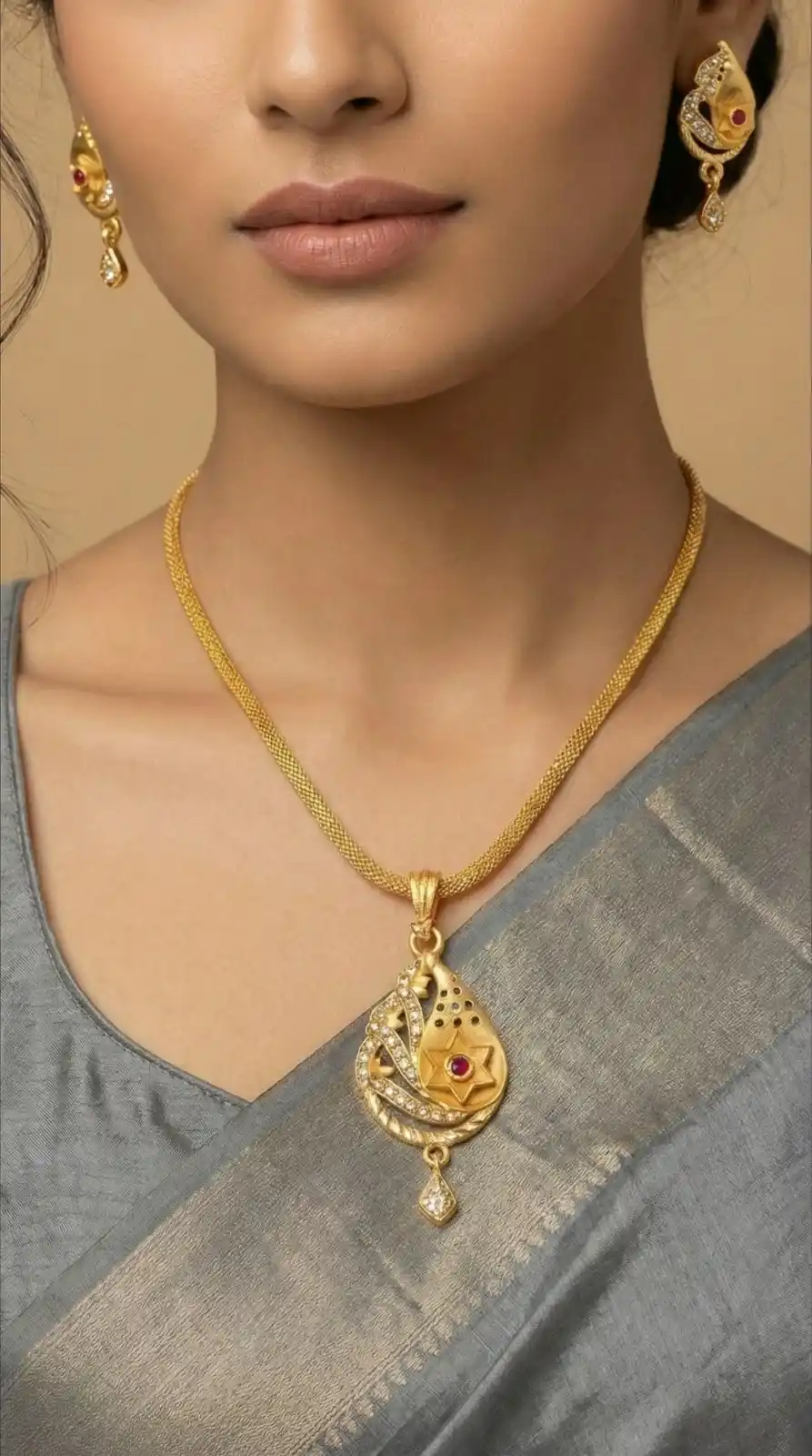 Micro Gold Plated AD Diamond Studded Fancy Oval Pendant Set with Chain.png