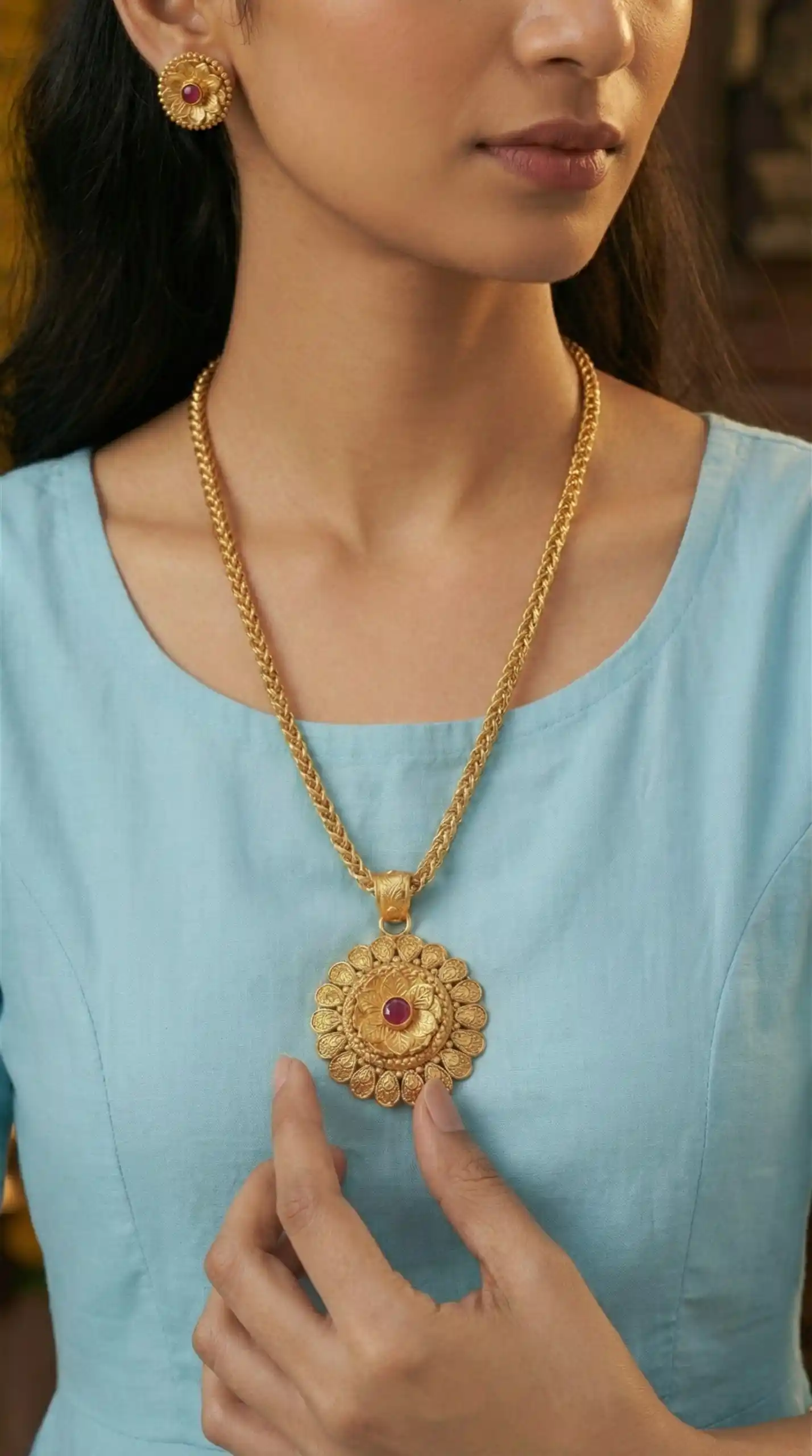 Micro Gold Plated AD Diamond Studded Fancy Oval Pendant Set with Chain.png