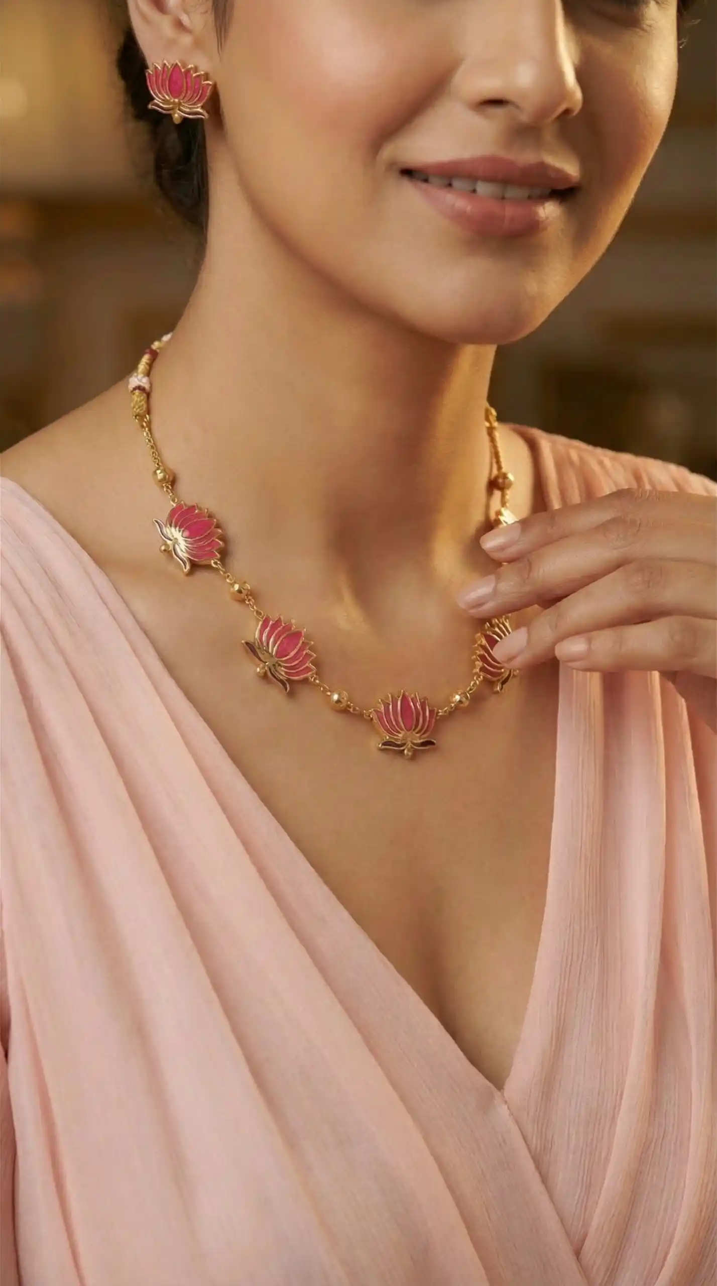 High Gold Plated Meena Work Pink Lotus Necklace with Earrings for Women.png