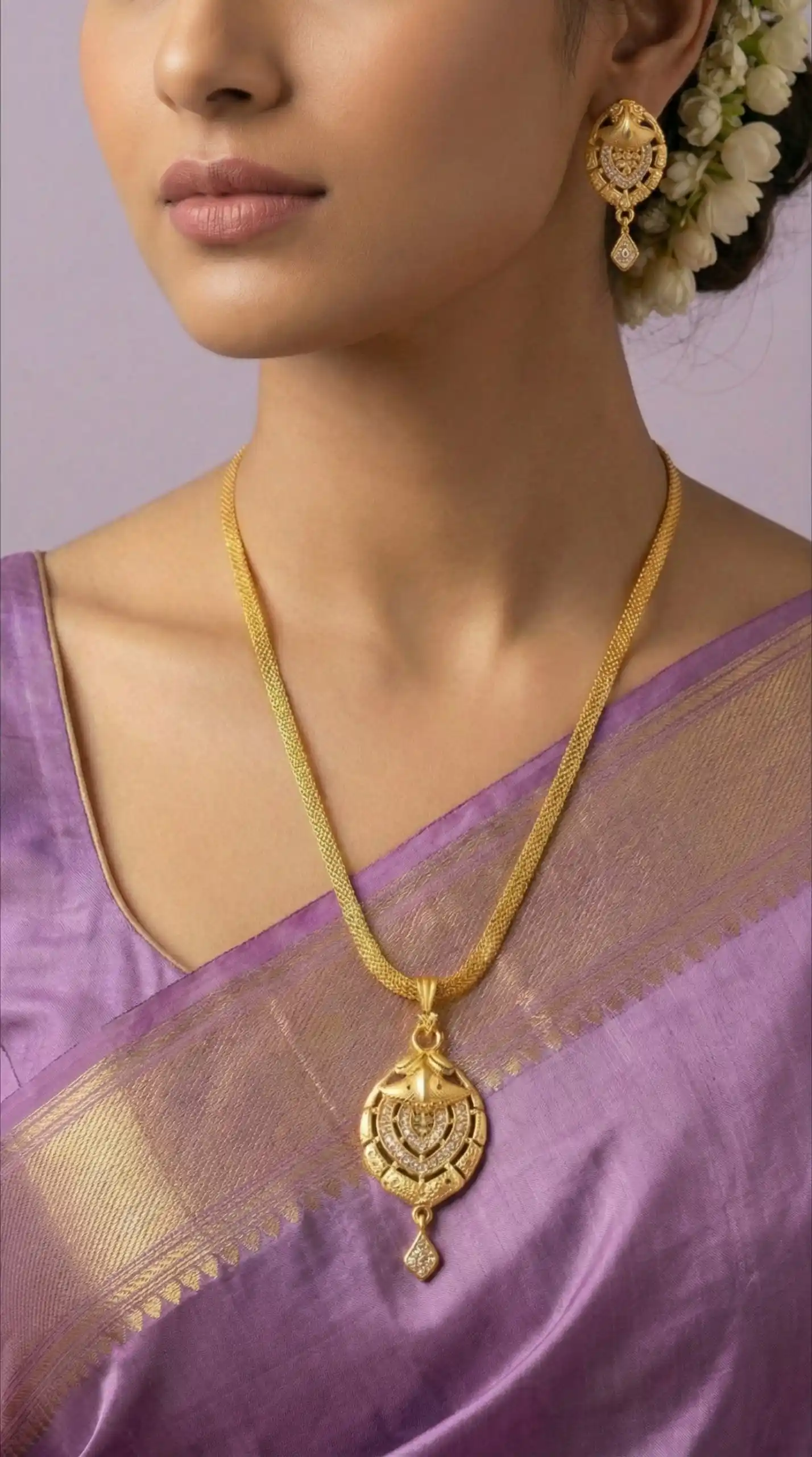 Micro Gold Plated AD Diamond Studded Fancy Oval Pendant Set with Chain.png