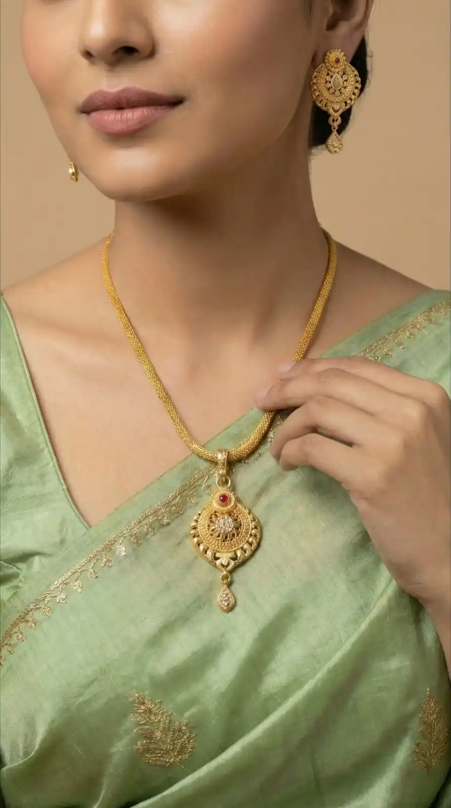 Micro Gold Plated AD Diamond Studded Fancy Oval Pendant Set with Chain.png