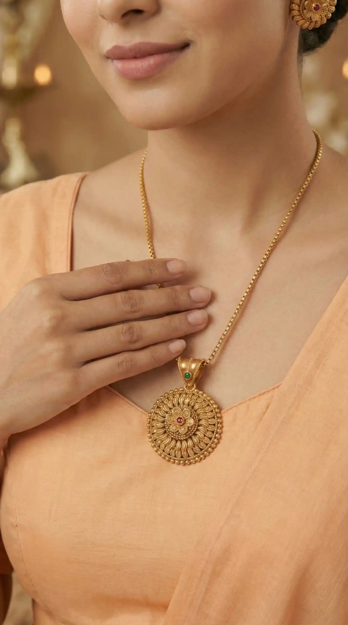 Micro Gold Plated AD Diamond Studded Fancy Oval Pendant Set with Chain.png