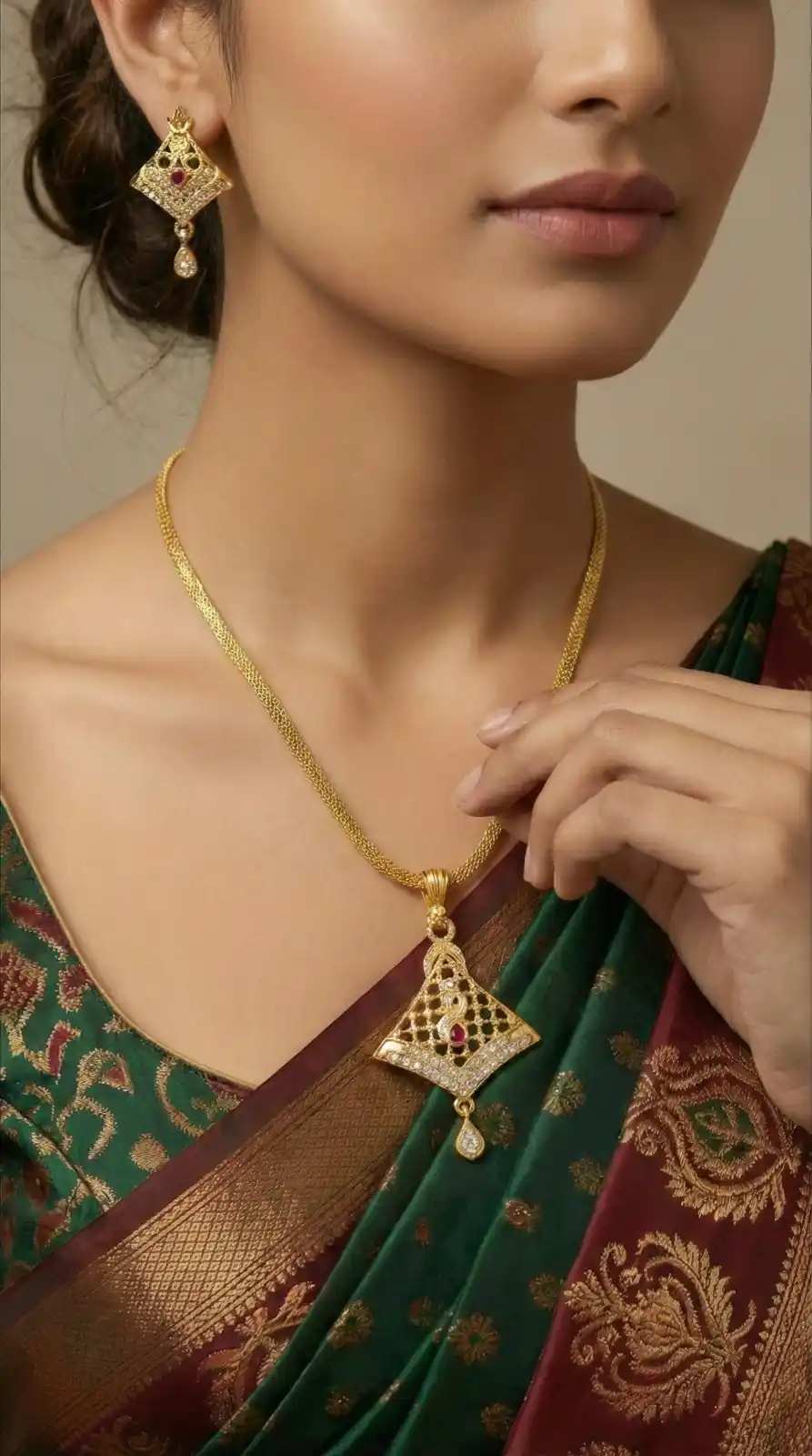 Micro Gold Plated AD Diamond Studded Fancy Oval Pendant Set with Chain.png