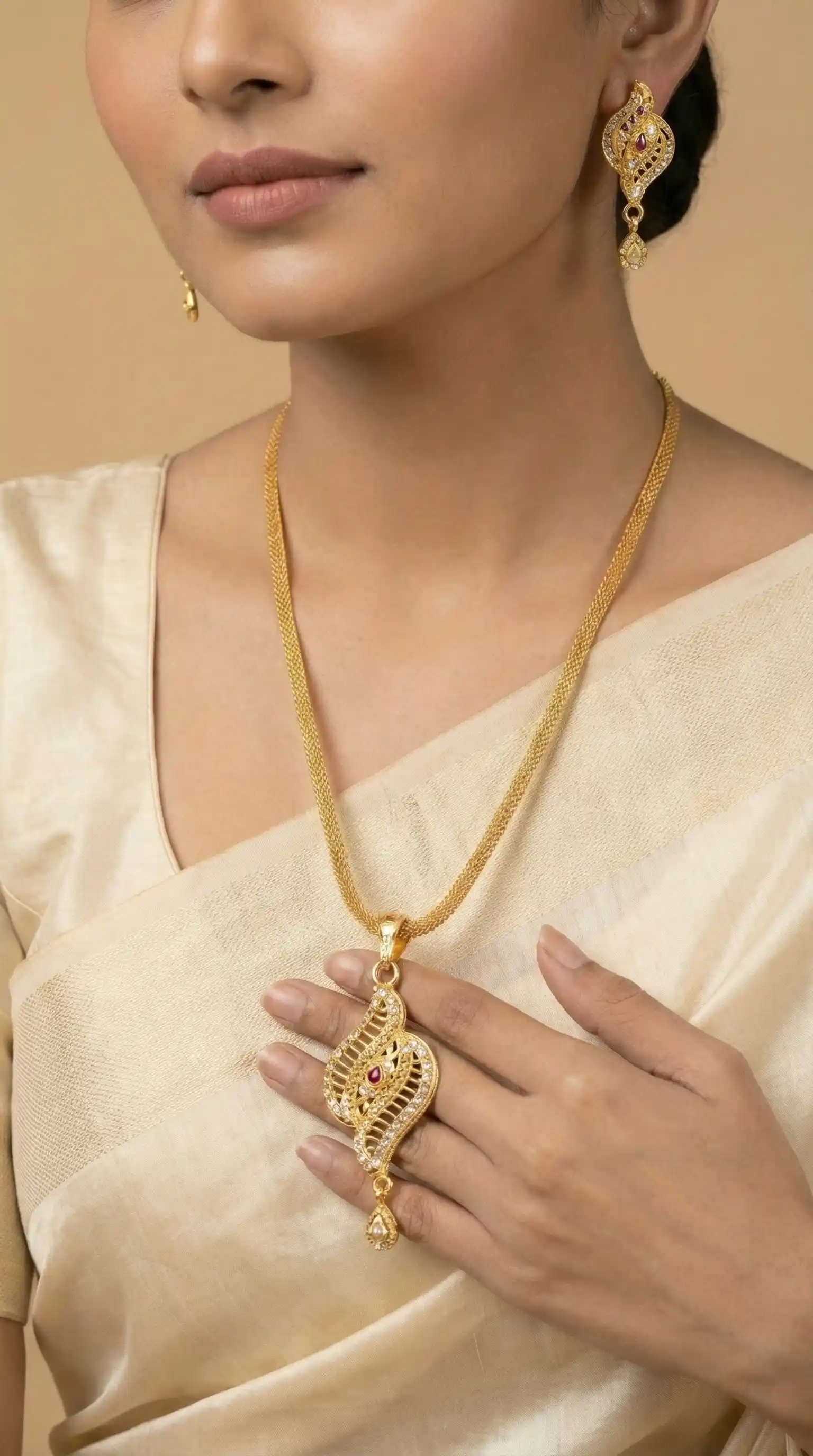 Micro Gold Plated AD Diamond Studded Fancy Oval Pendant Set with Chain.png