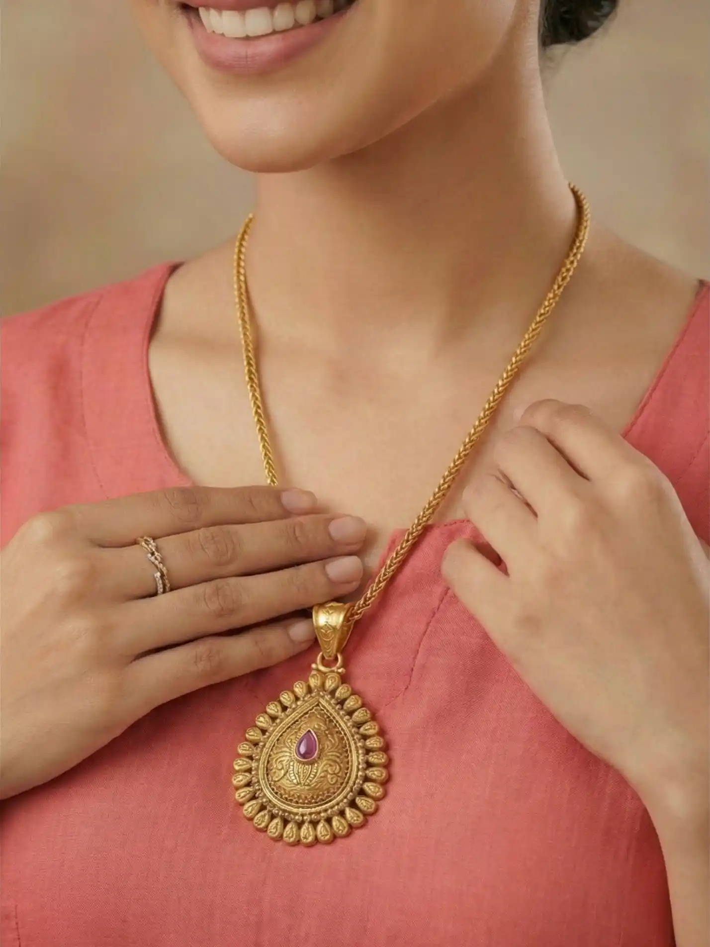 Micro Gold Plated AD Diamond Studded Fancy Oval Pendant Set with Chain.png