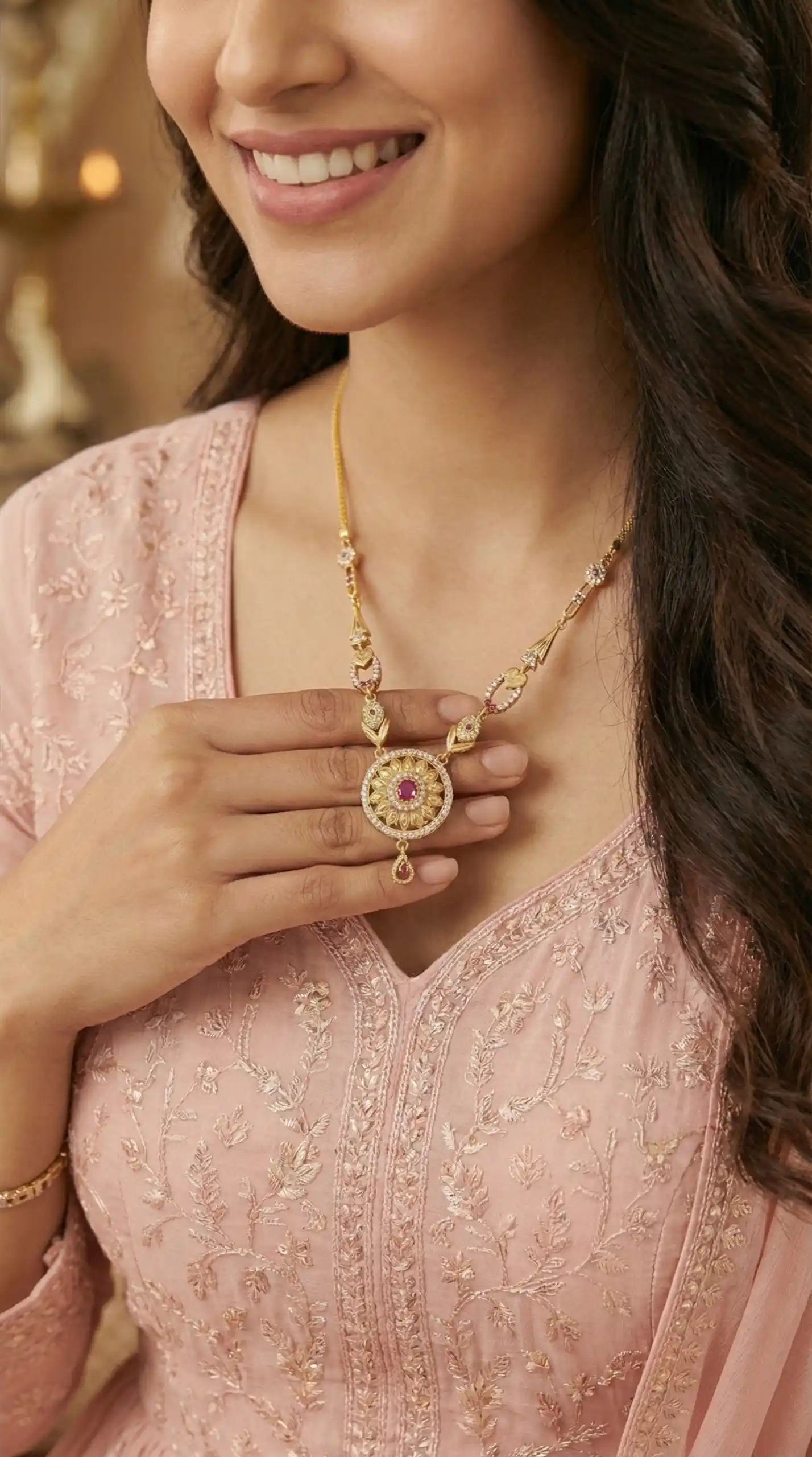 Micro Gold Plated AD Diamond Studded Fancy Forming Necklace with Earrings for Women.png