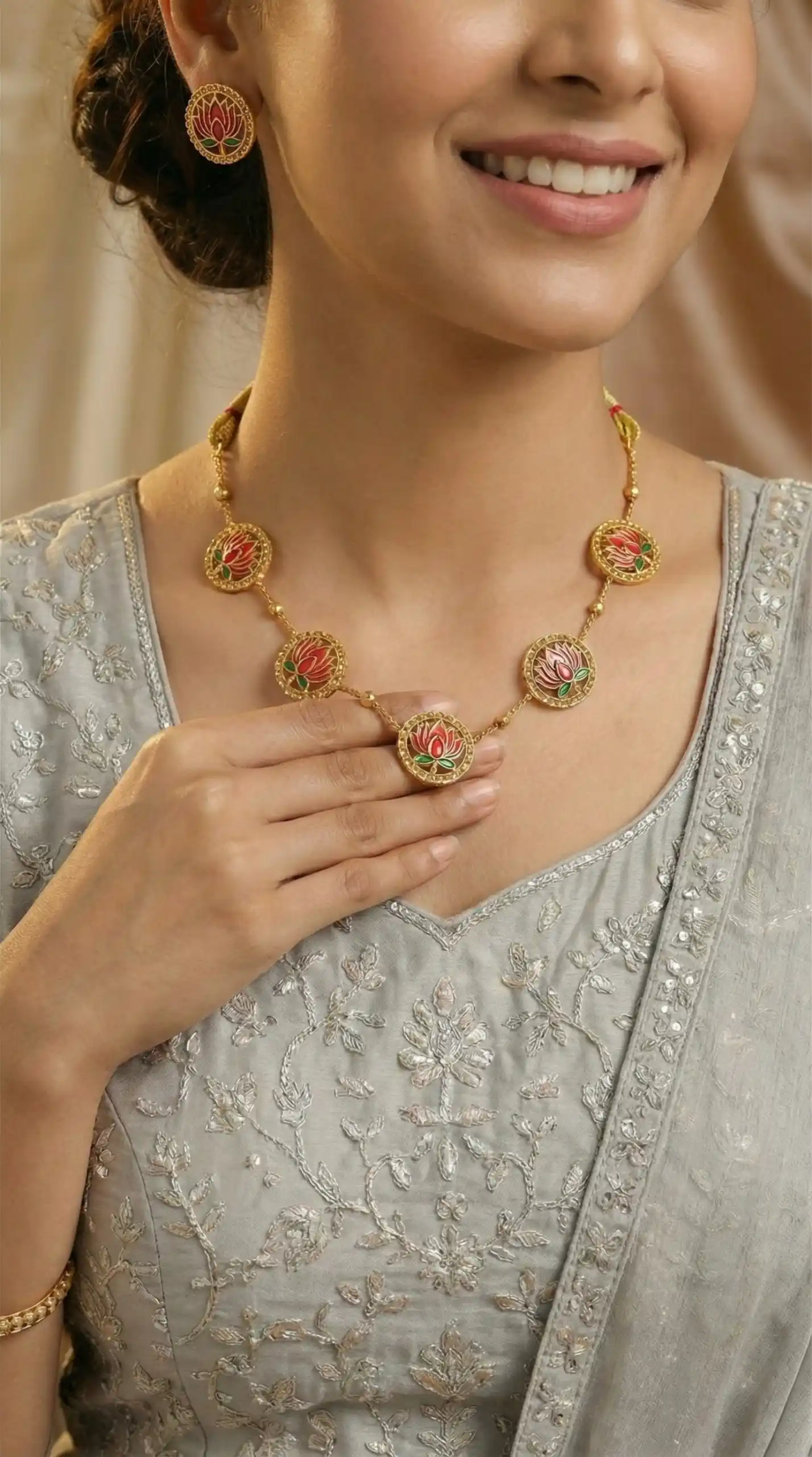 High Gold Plated Meena Work Pink Lotus Necklace with Earrings for Women.png