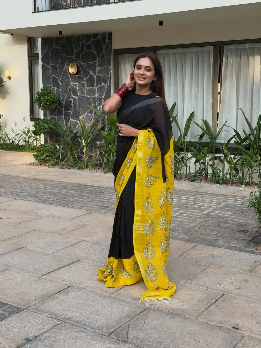 Soft Black yellow Linen Cotton Saree.png