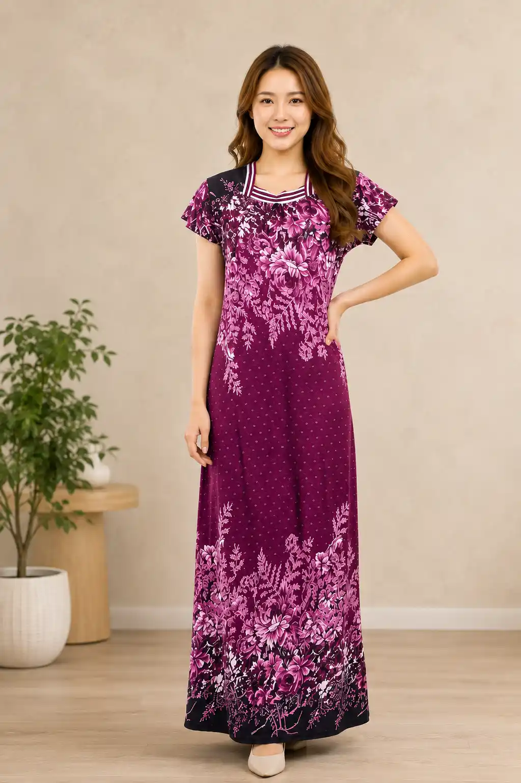 Floral Magenta Satin Maxi Loungewear Dress.png