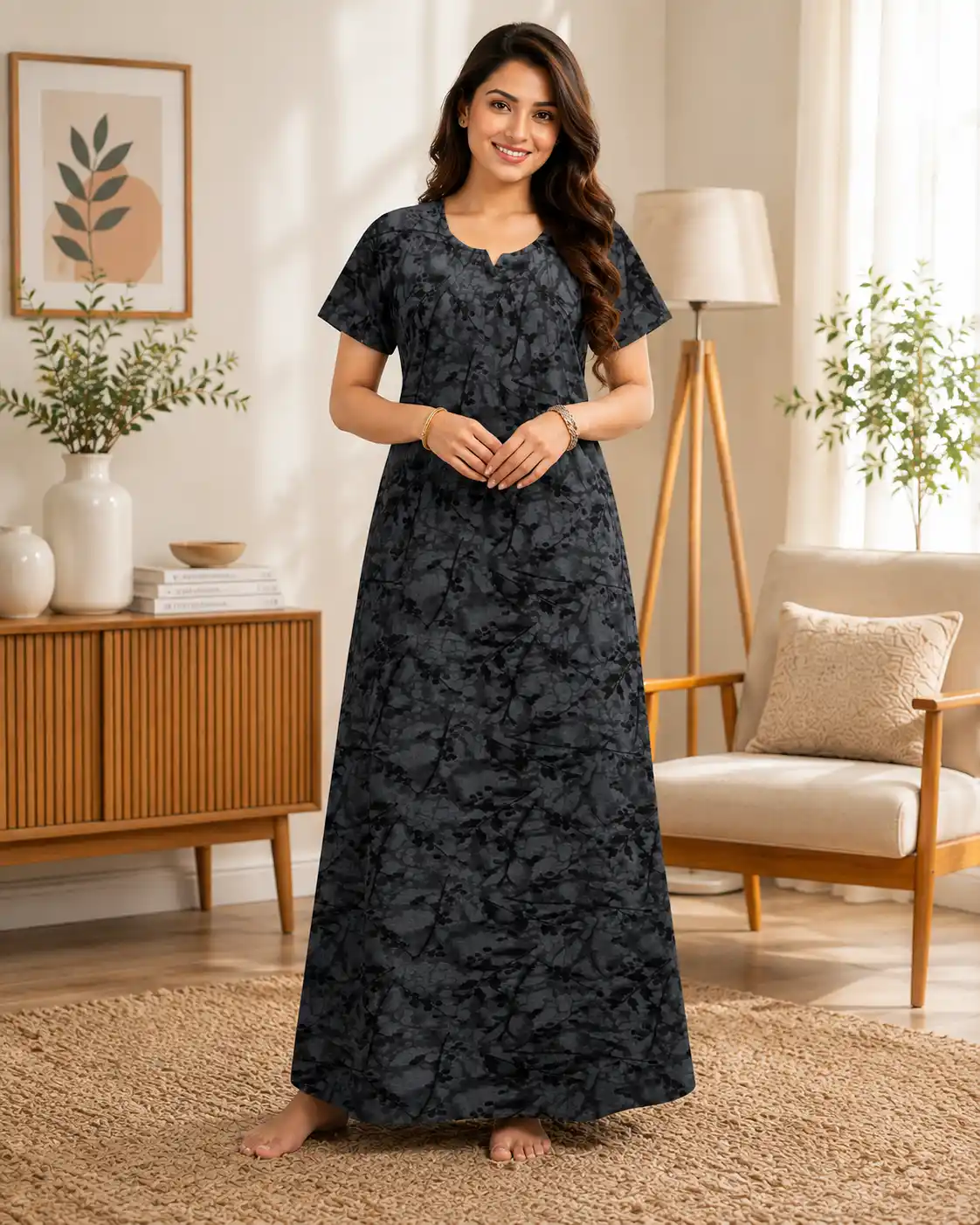 Women's Pure Cotton Printed Maxi Nighty | Charcoal Grey.png