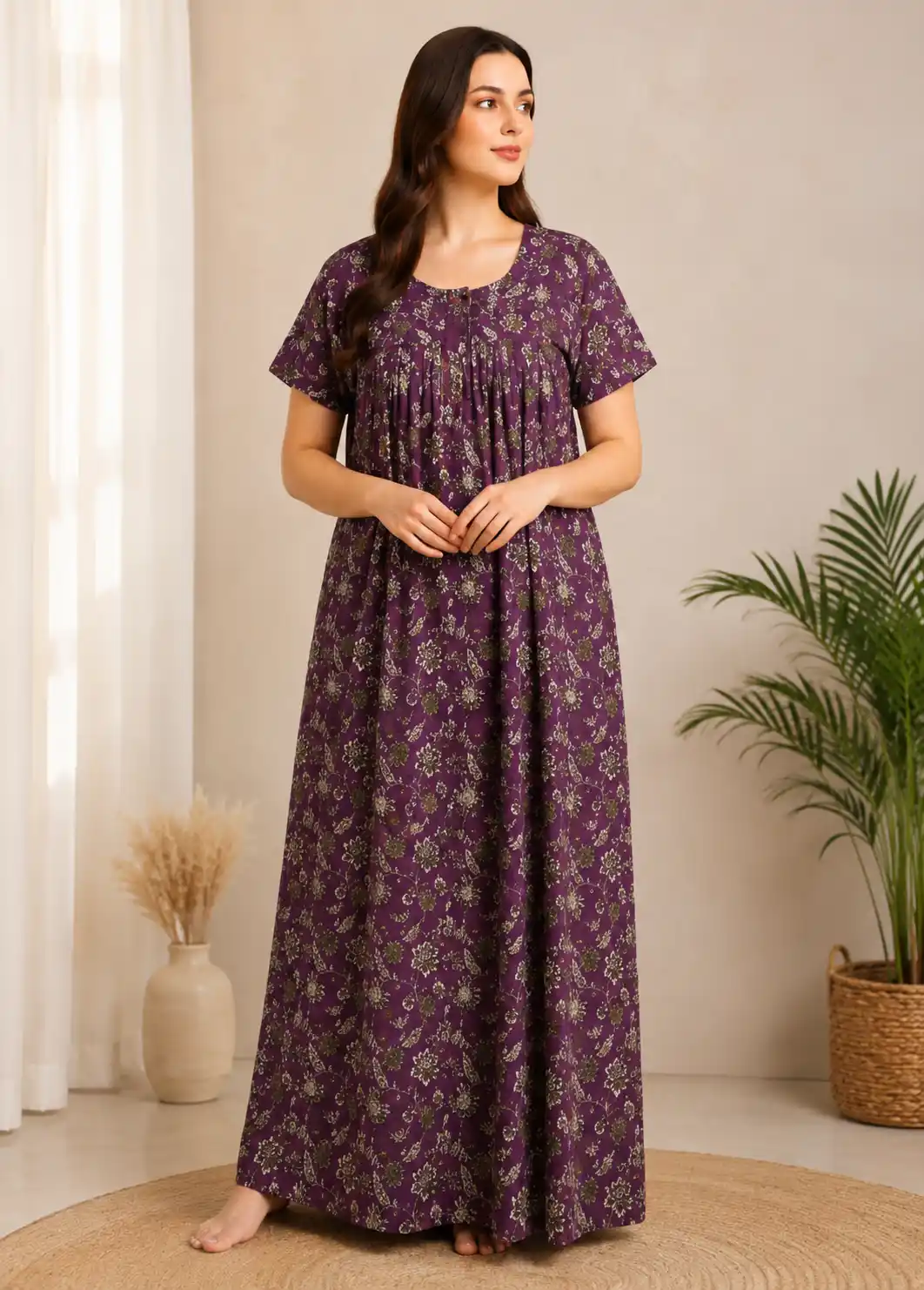 Elegant Floral Print Cotton Nightgown – Deep Plum Short Sleeve Maxi Loungedress.png