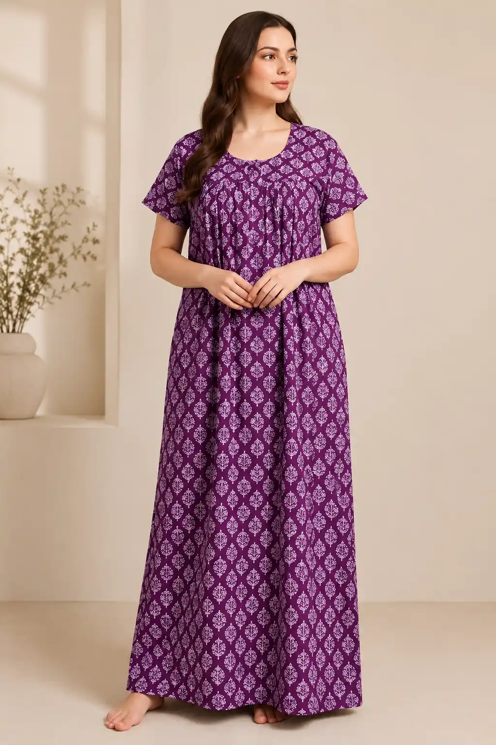 Women's Purple Botanical Print Cotton Maxi Nightdress.png