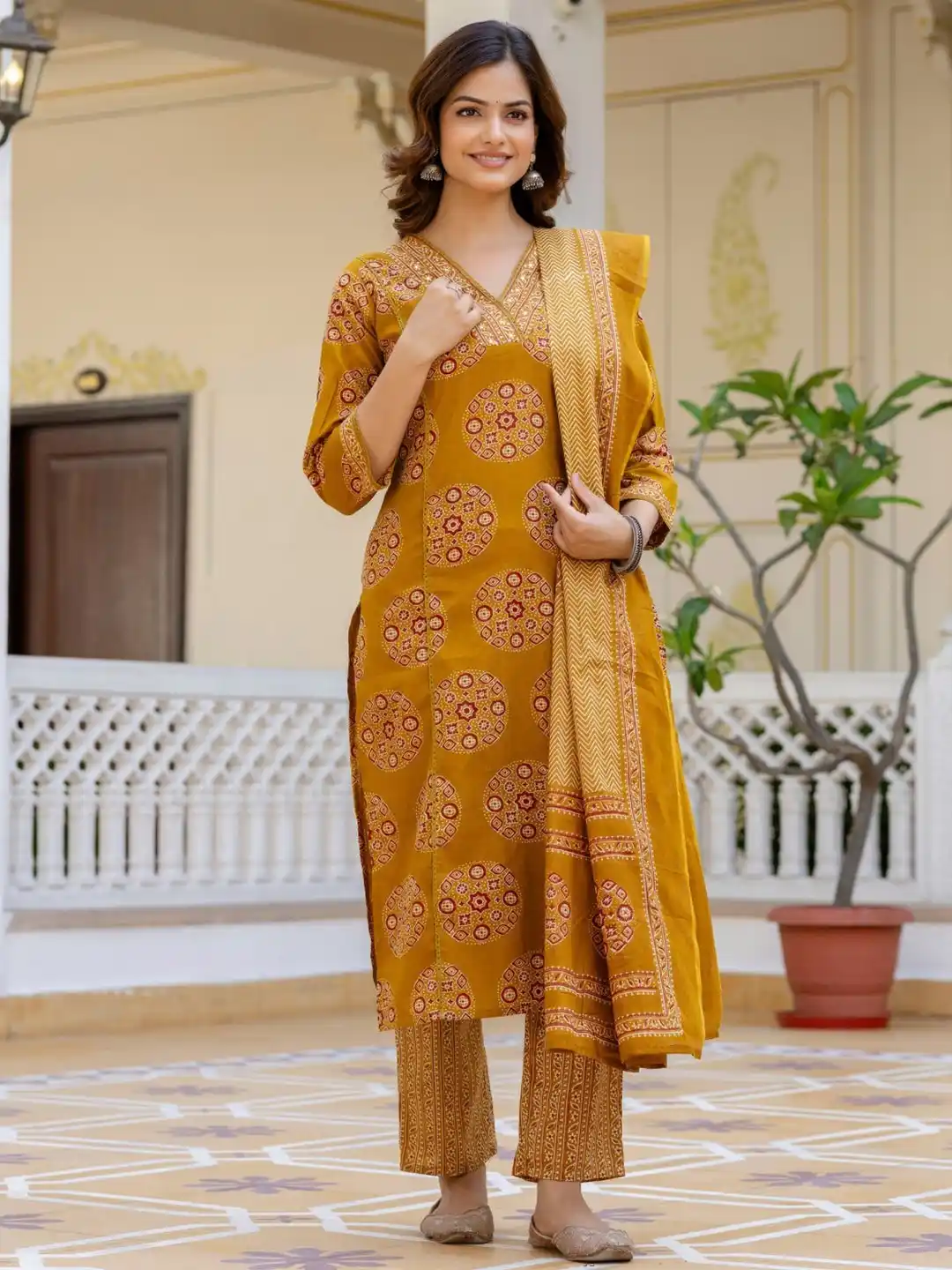 Women Mustard Pure Cotton Printed Kurta Pant Dupatta Set.png